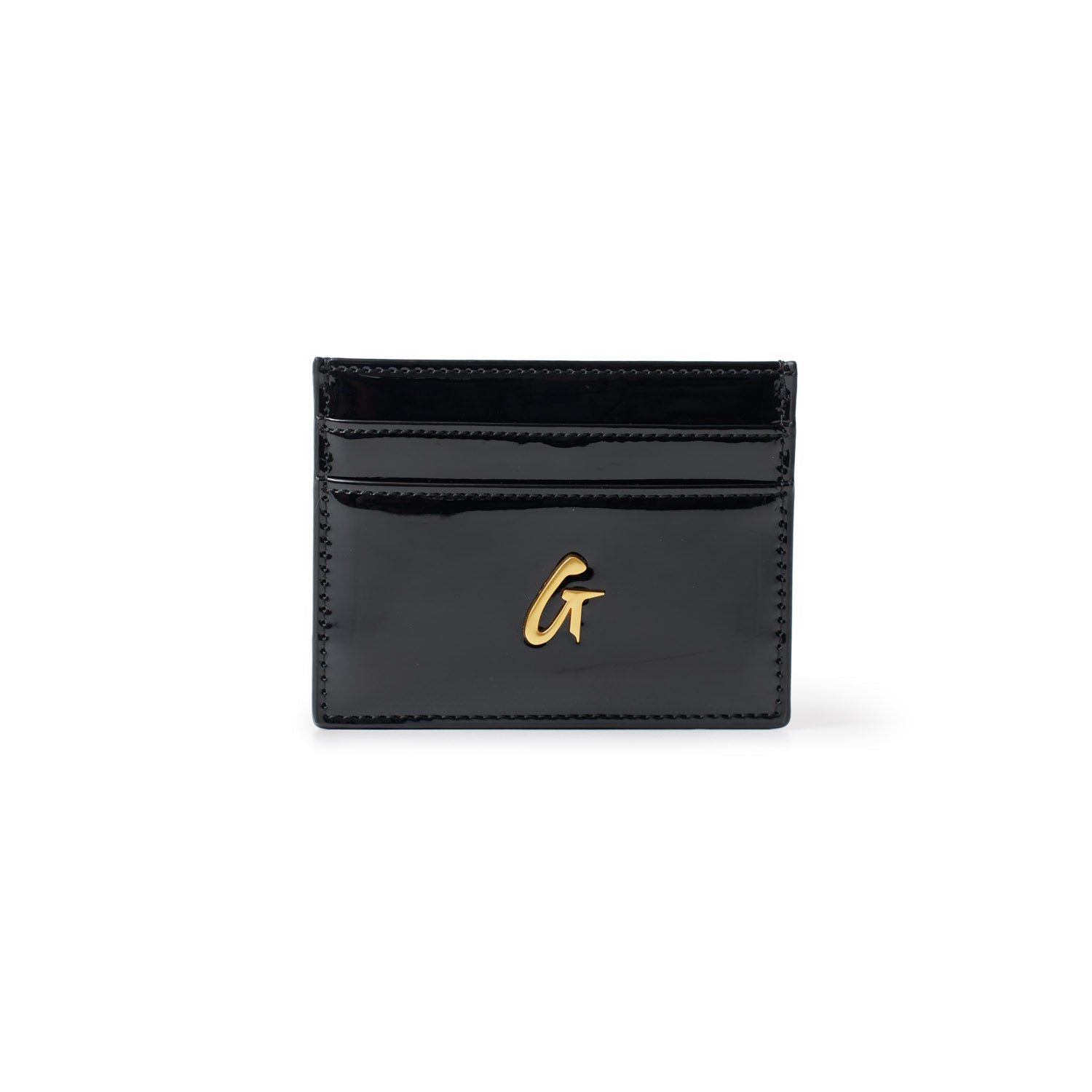 Black mirror finish card holder with gold "G" logo, featuring multiple card slots on a white background.