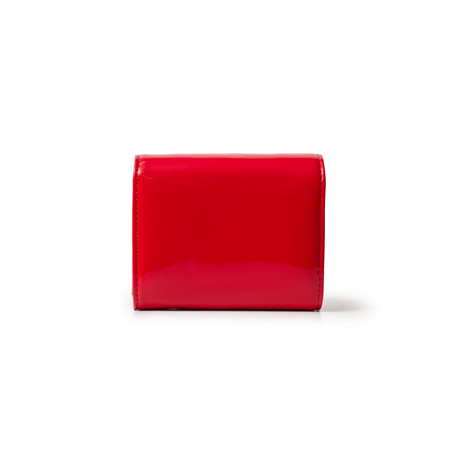 Red glossy compact wallet with mirror, labeled "STANDARD SILVER COMPACT WOC - MIRROR RED.