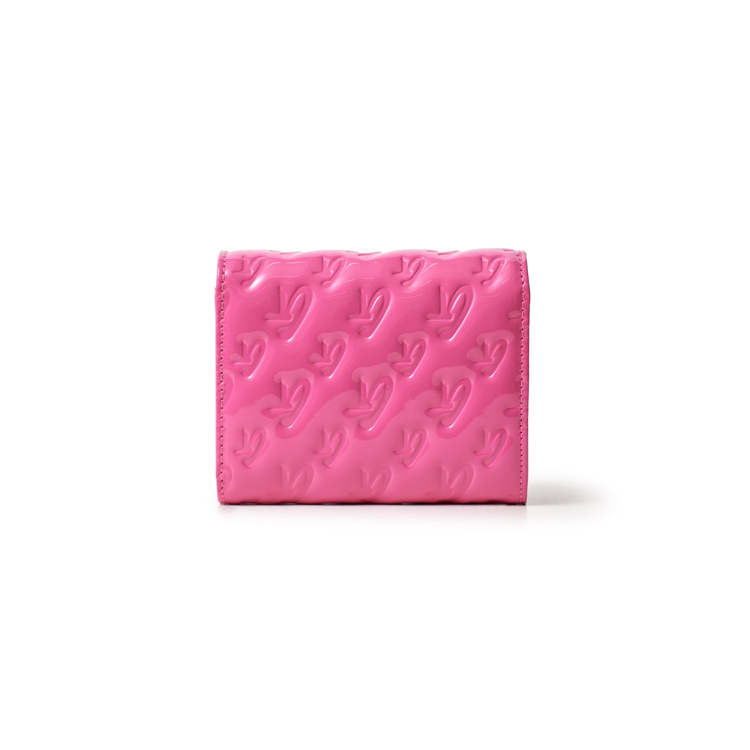 Pink Monogram Silver Compact WOC mirror with embossed logo pattern, glossy finish, and compact size.