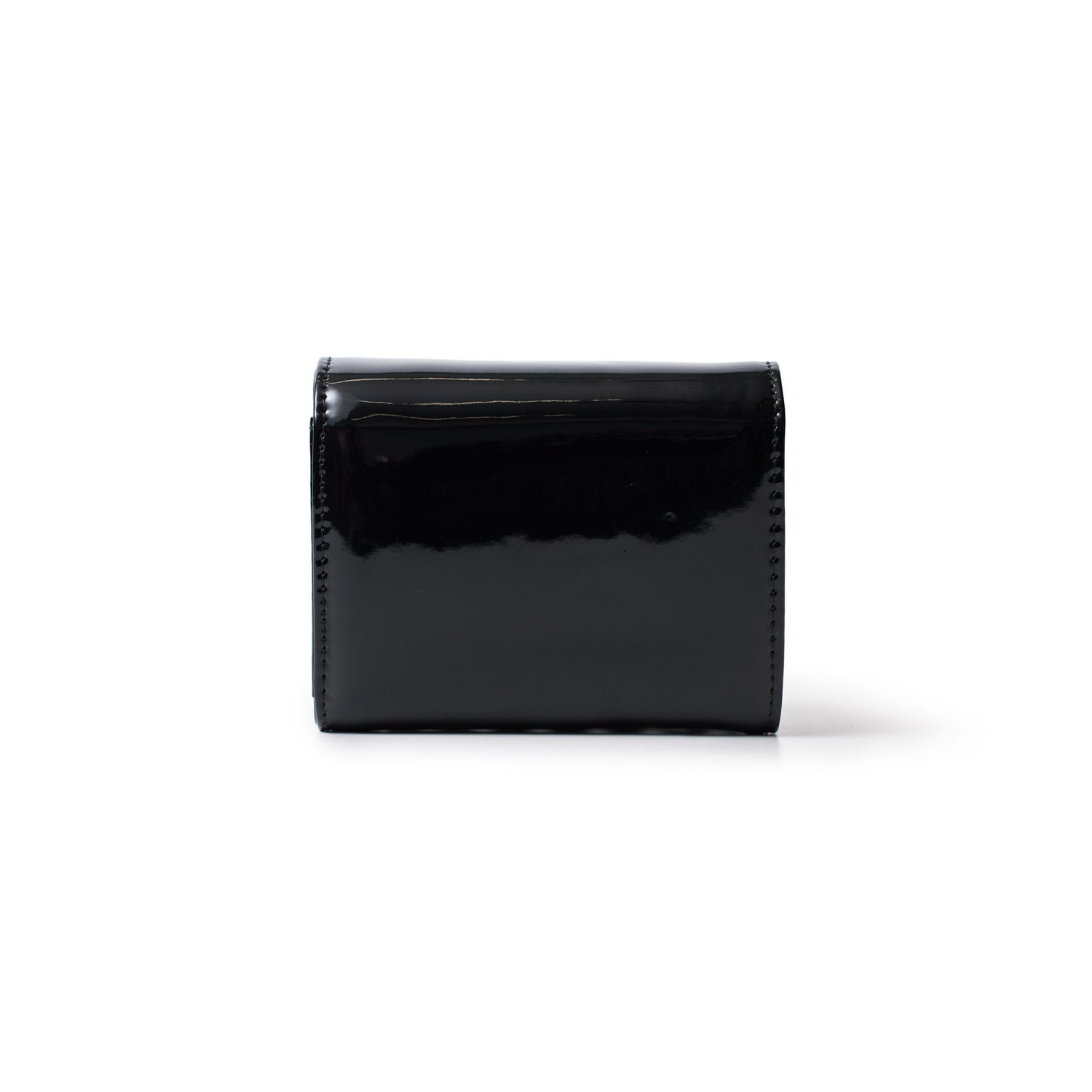 Black mirror finish compact wallet with gold accents, designed for style and functionality.