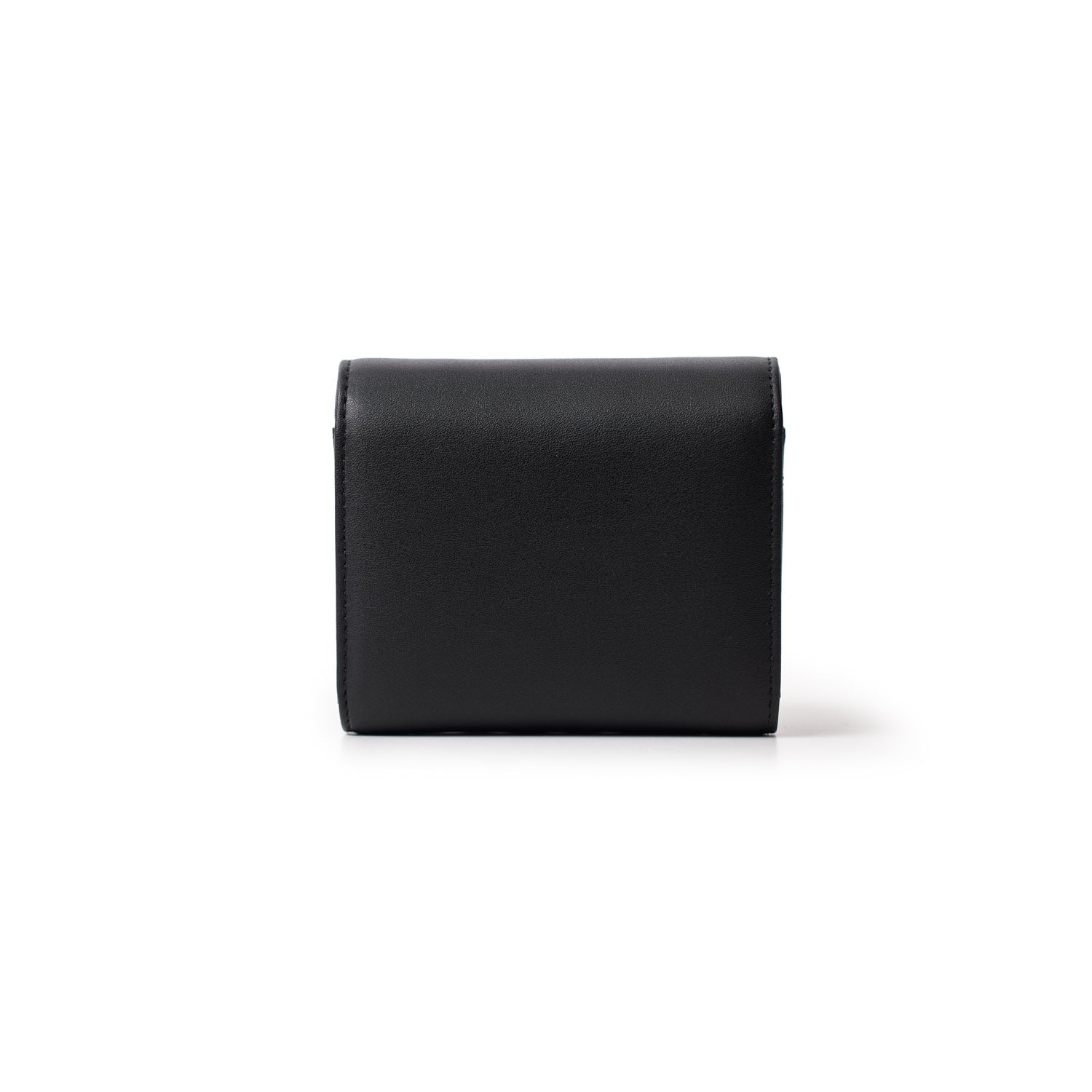 Black gunmetal compact wallet with a sleek, minimalist design, featuring a smooth finish and compact size.