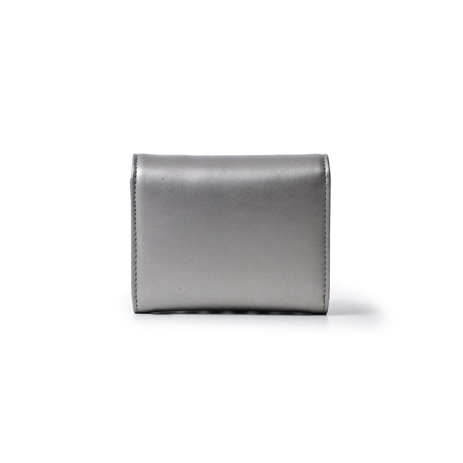 Silver gunmetal compact wallet with a sleek, minimalist design and a platinum finish, featuring clean stitching and smooth texture.