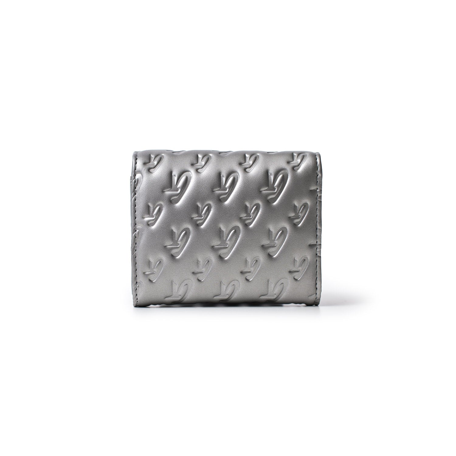 Monogram Gunmetal Compact Wallet in platinum color with embossed logo pattern, sleek and stylish accessory.