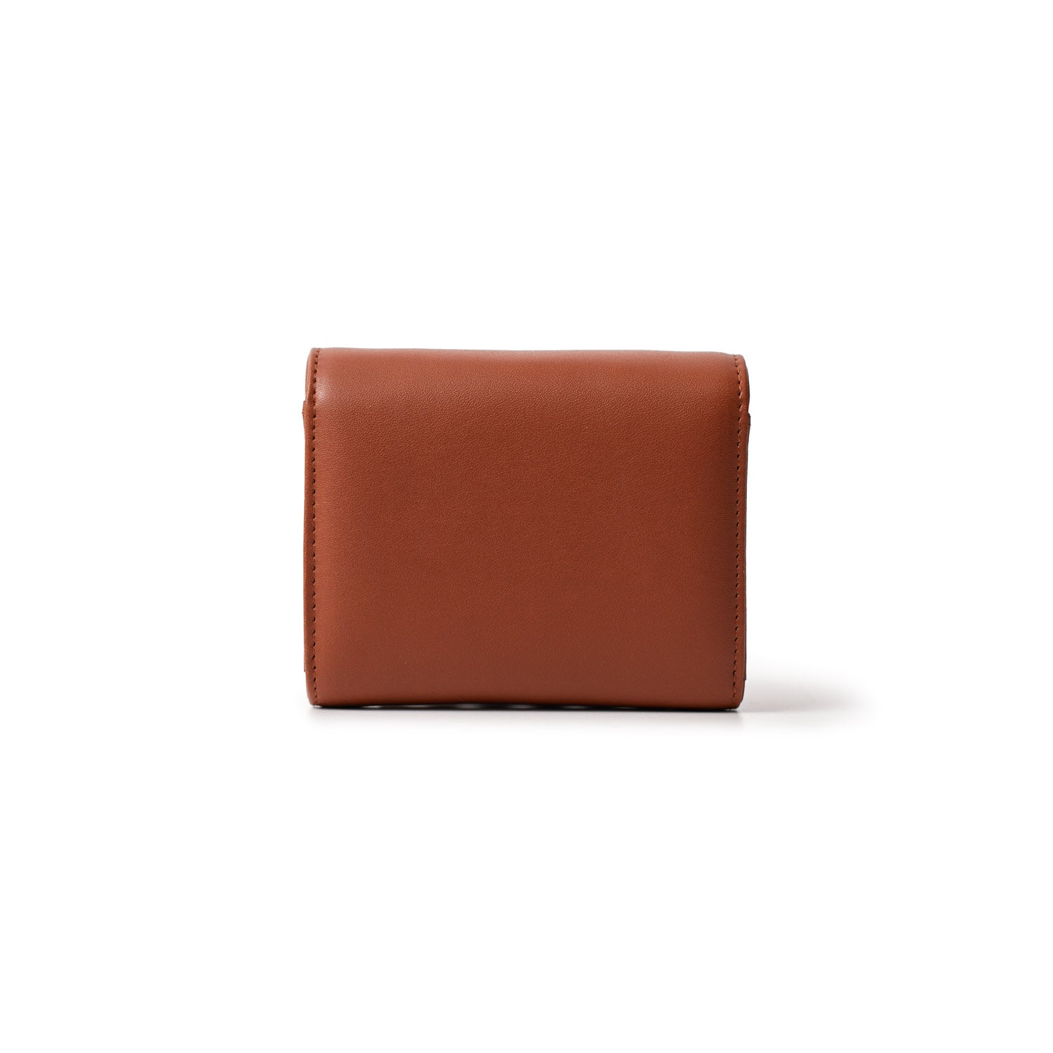 Brown compact wallet with a sleek, minimalist design and smooth leather finish.