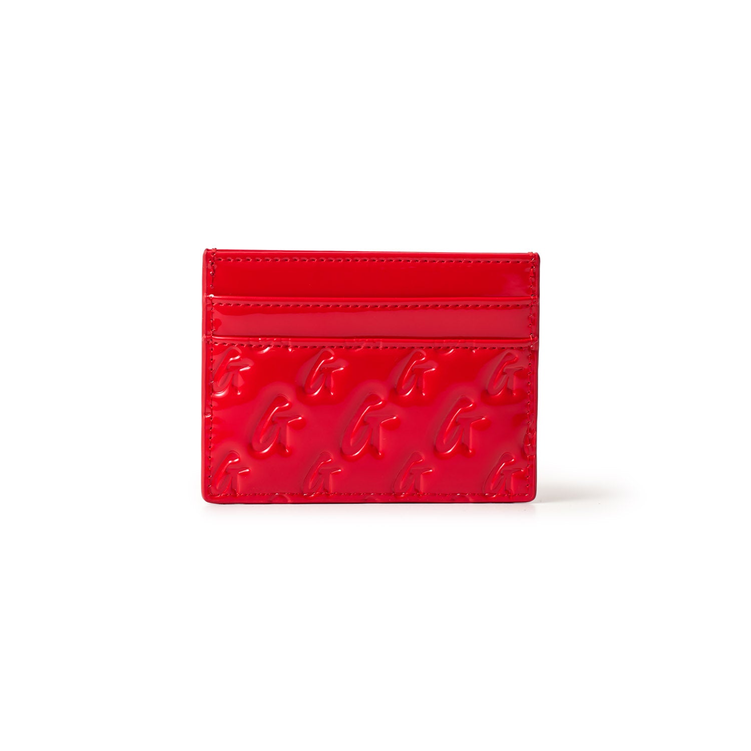 Red mirror-finish silver card holder with embossed G logo pattern and multiple card slots.