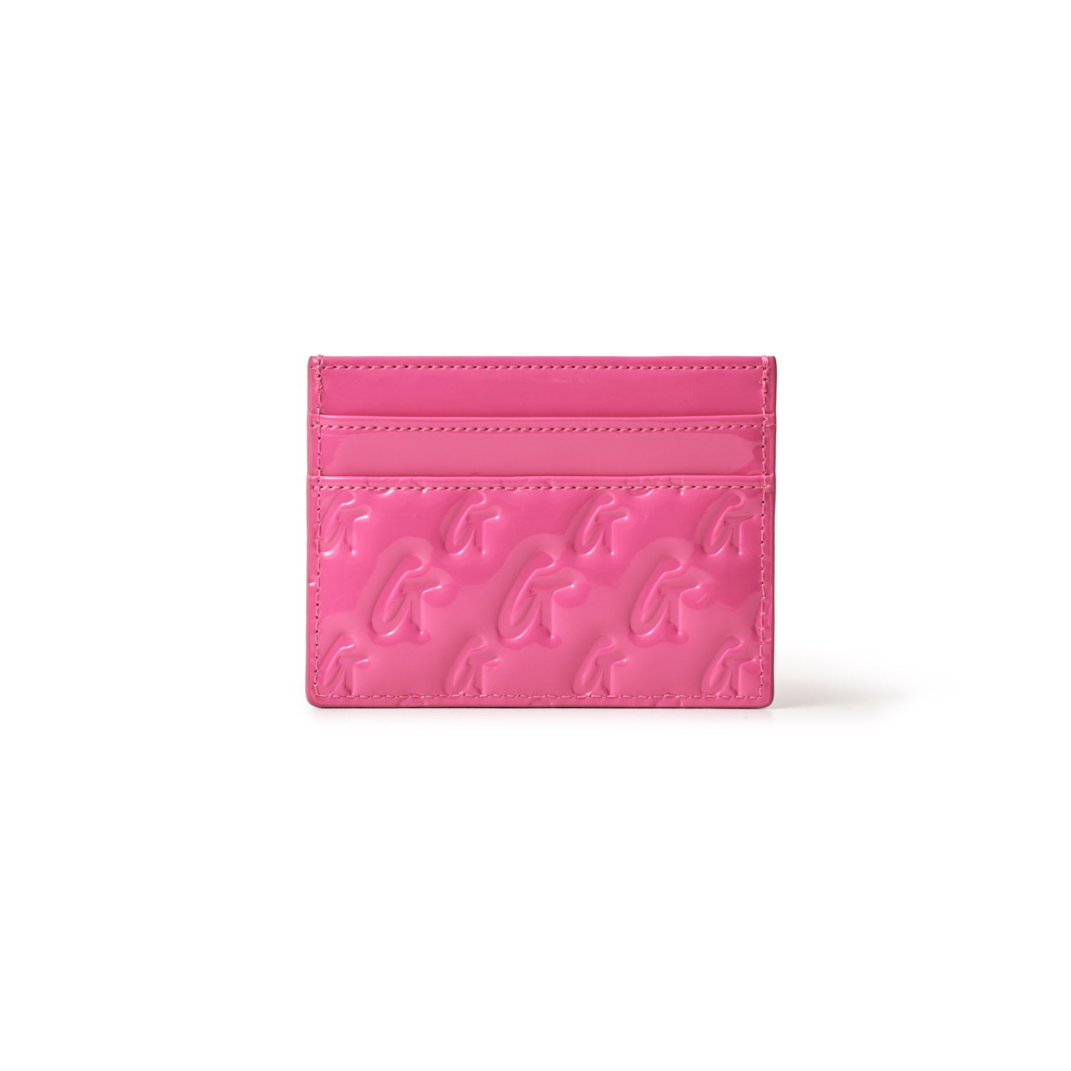 Pink mirror finish card holder with embossed "G" pattern and multiple card slots, compact and stylish accessory.