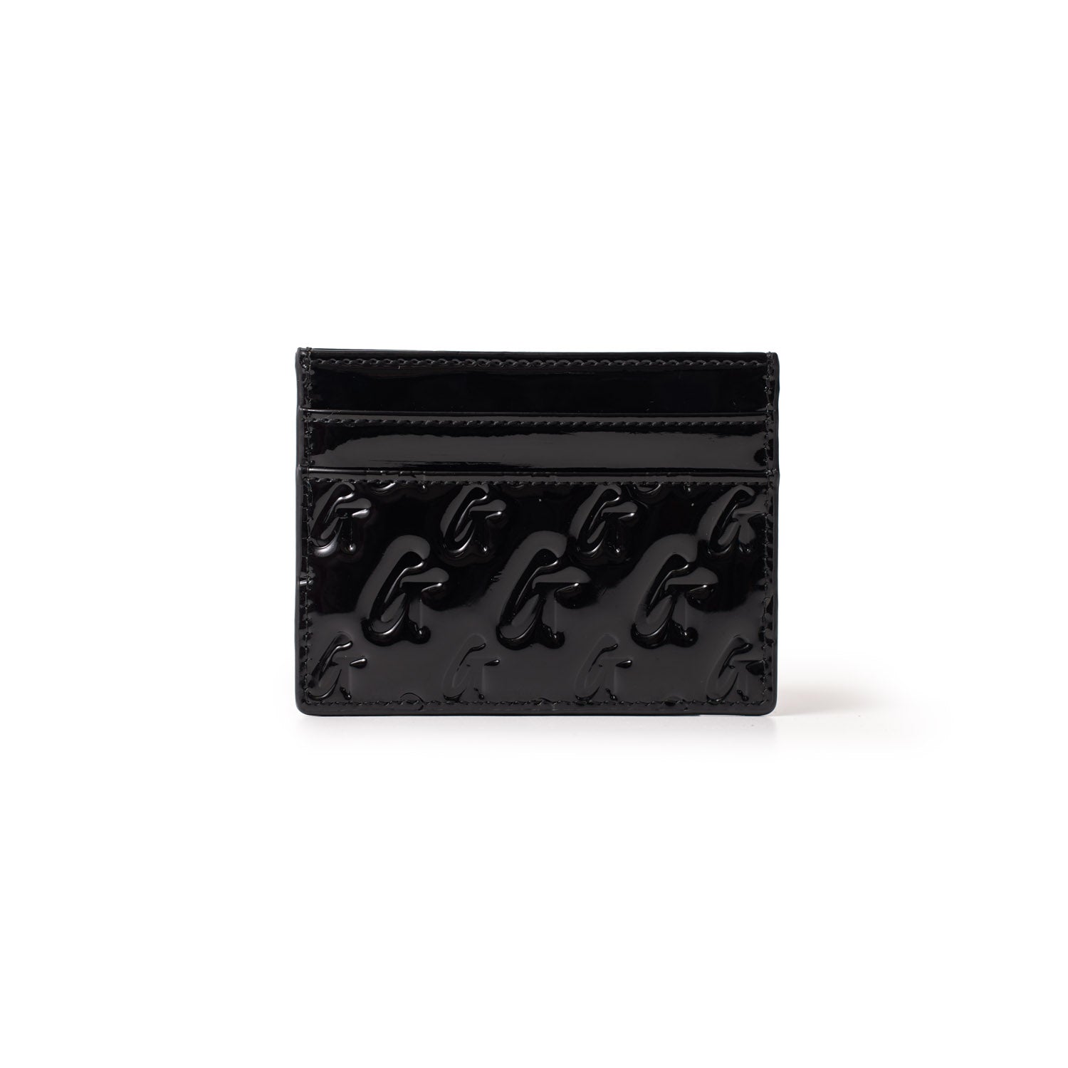 Mirror black Monogram silver card holder with embossed logo pattern, compact design, and multiple card slots.
