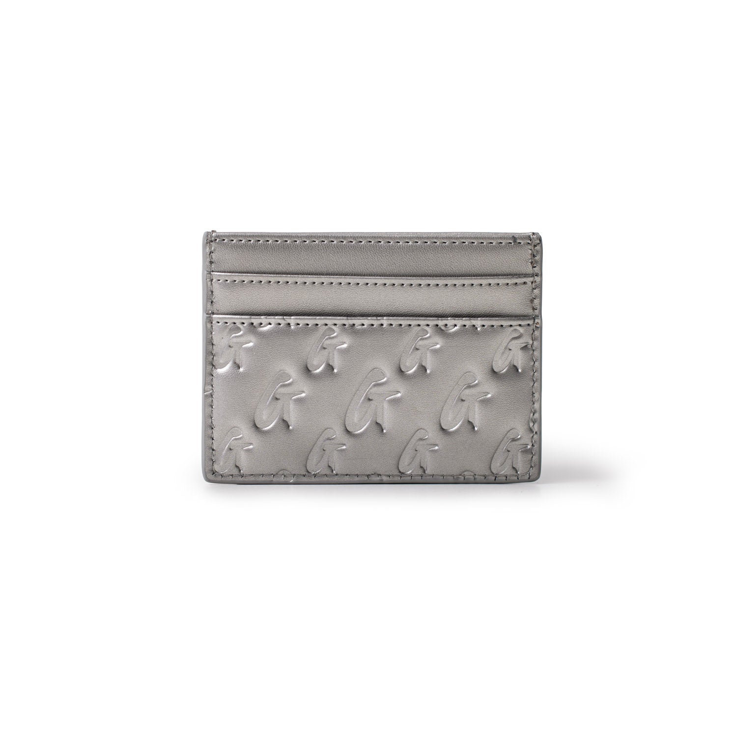 Monogram gunmetal platinum card holder with embossed G logo pattern and multiple card slots.