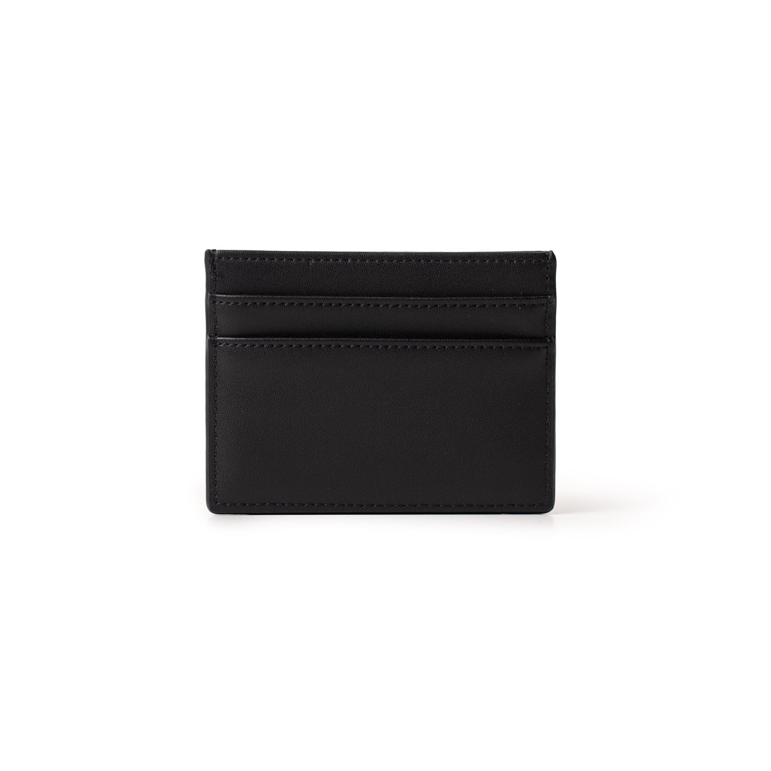 Black gunmetal card holder with a sleek, minimalist design featuring multiple card slots on a white background.