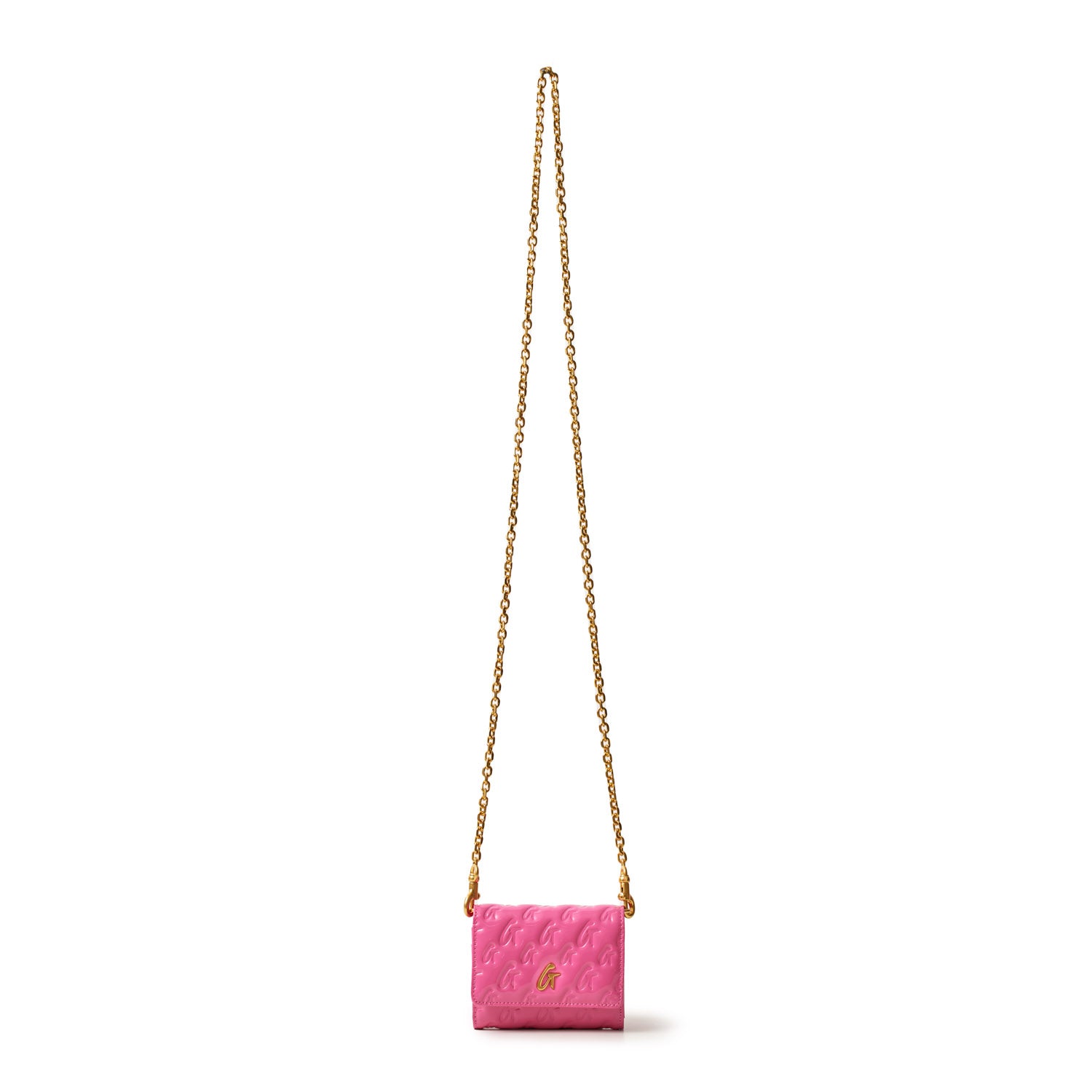 Pink Monogram Gold Compact WOC bag with a gold chain strap and embossed pattern, featuring a gold "G" logo on the front.