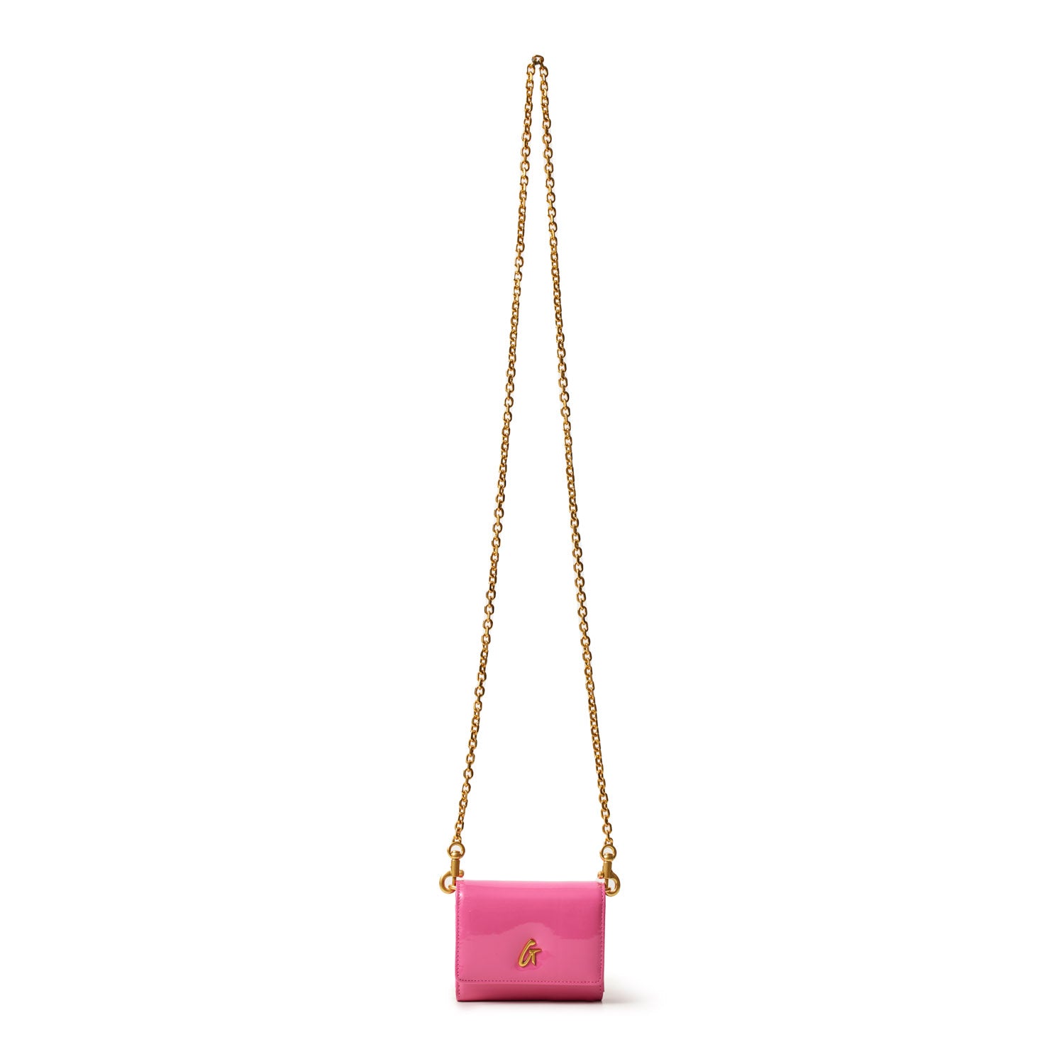 Pink compact bag with a gold chain strap and a gold logo, featuring a mirror and hot pink color.
