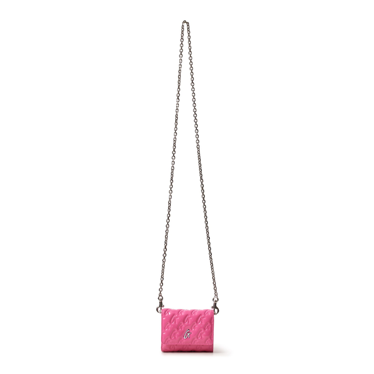 Silver chain with pink Monogram Silver Compact WOC mirror featuring embossed pattern and a small "G" logo.
