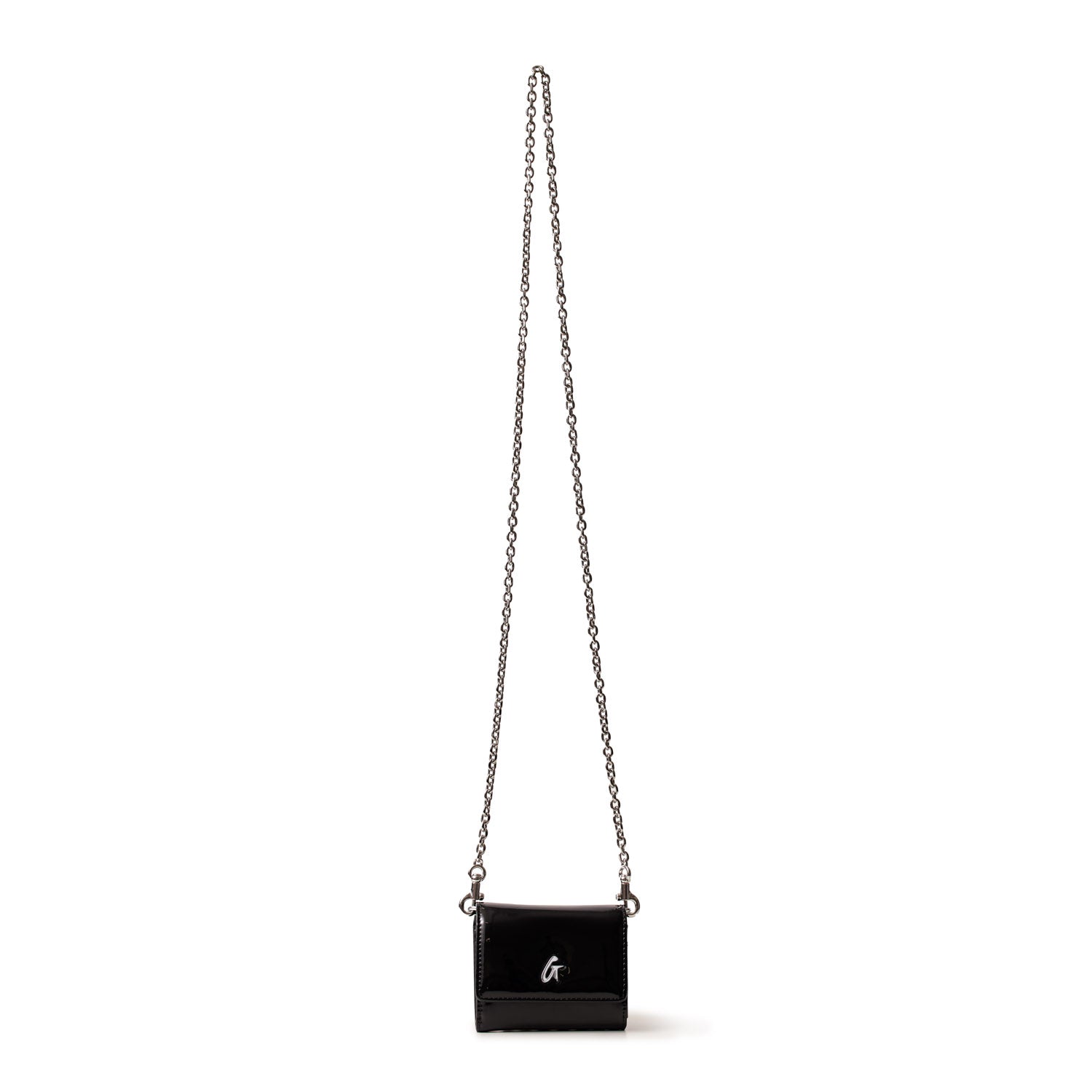 Black compact shoulder bag with a silver chain strap and logo detail on the front.