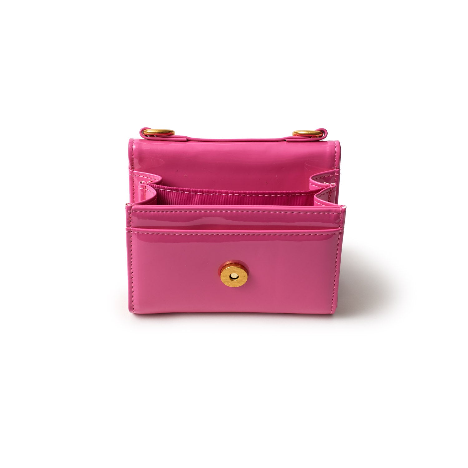 Pink, glossy compact wallet with a mirror, gold accents, and multiple card slots, designed for stylish organization.