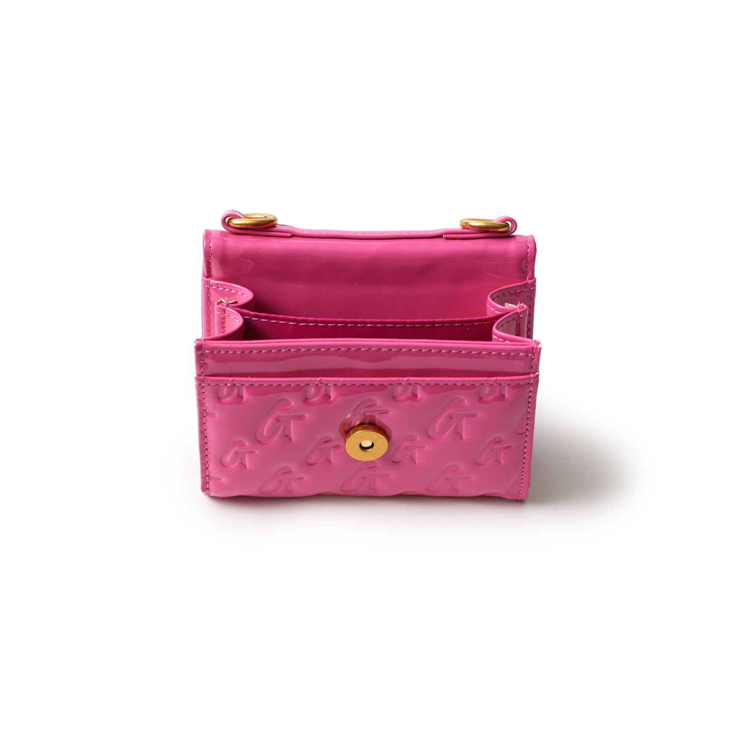 Pink Monogram Gold Compact WOC with mirror, featuring embossed logo pattern and gold-tone hardware.