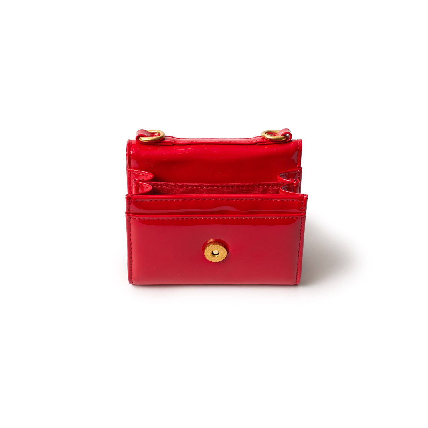 Red compact mirror wallet with gold accents, multiple card slots, and a snap button closure.