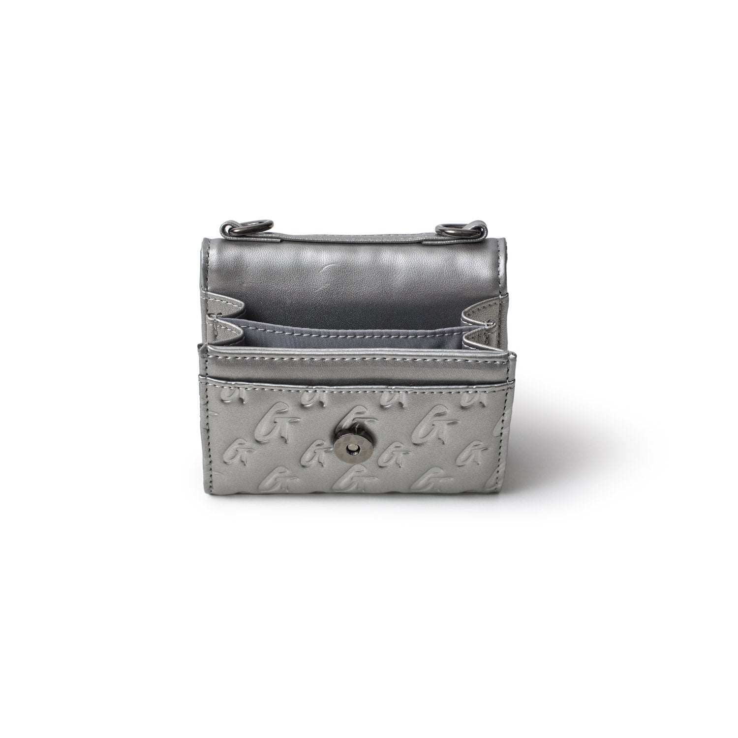 Monogram gunmetal compact wallet with embossed G pattern, multiple card slots, and a snap button closure.