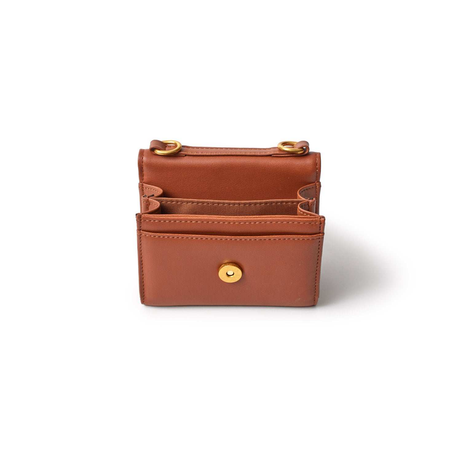 Brown compact wallet with gold accents, multiple card slots, and a snap button closure.