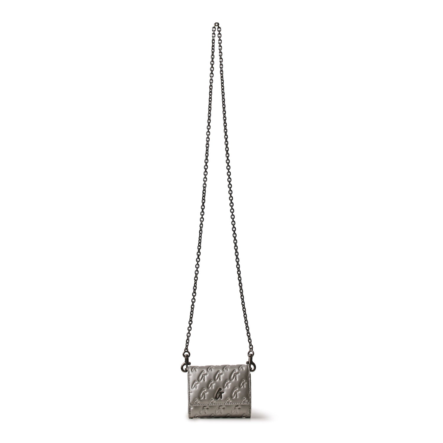 Monogram Gunmetal Compact WOC in platinum with a chain strap and embossed monogram pattern on the flap.