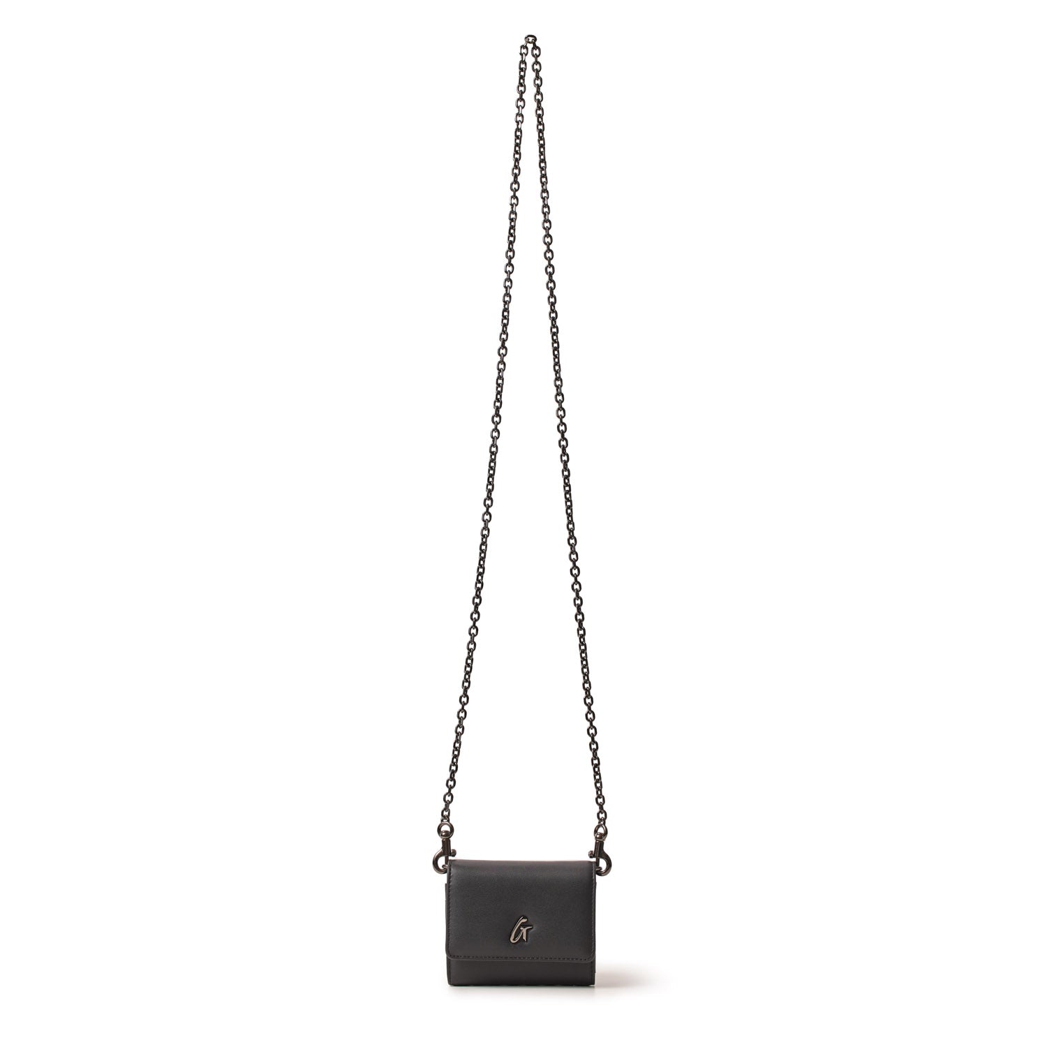 Small black compact bag with a gunmetal chain strap and a subtle logo on the front.
