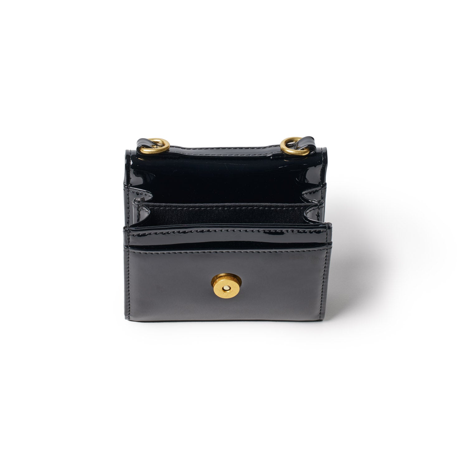Black patent compact wallet with gold accents, featuring multiple card slots and a snap button closure.