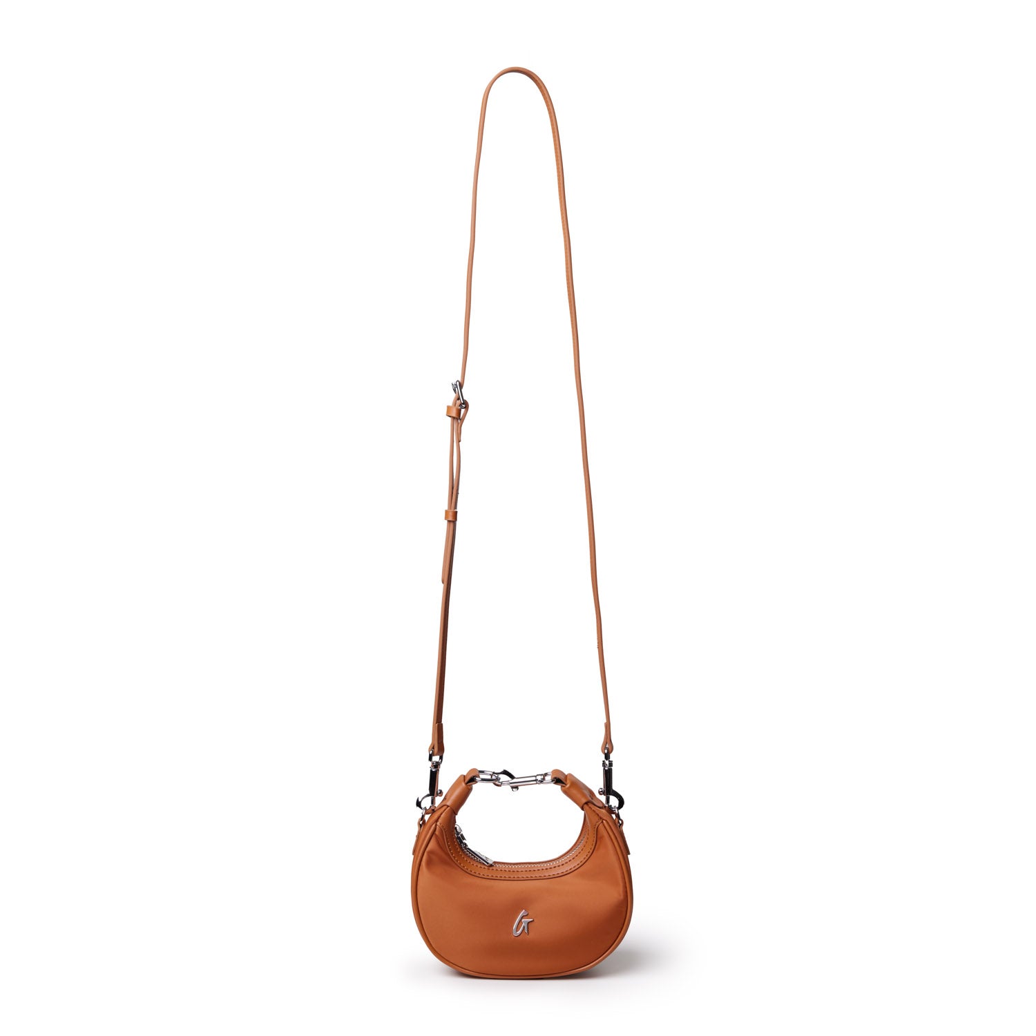 Brown nano nylon hobo bag featuring a curved silhouette, adjustable strap, and sleek metal accents for a stylish look.