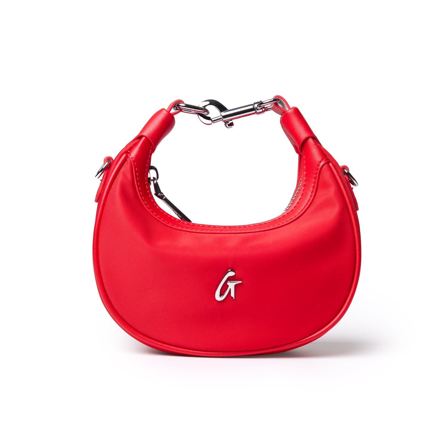 Red NANO NYLON HOBO BAG featuring a sleek design and silver hardware, perfect for stylish everyday use.
