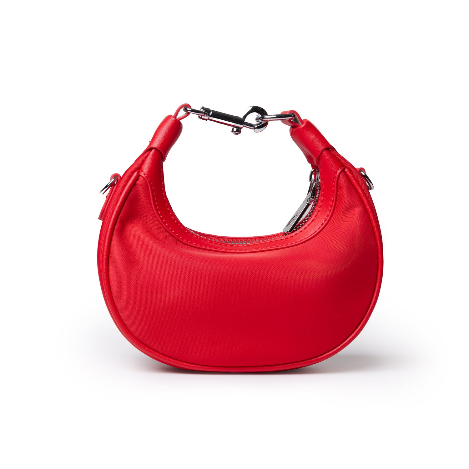 Red nano nylon hobo bag featuring a curved silhouette and a sleek handle for a modern, stylish look.