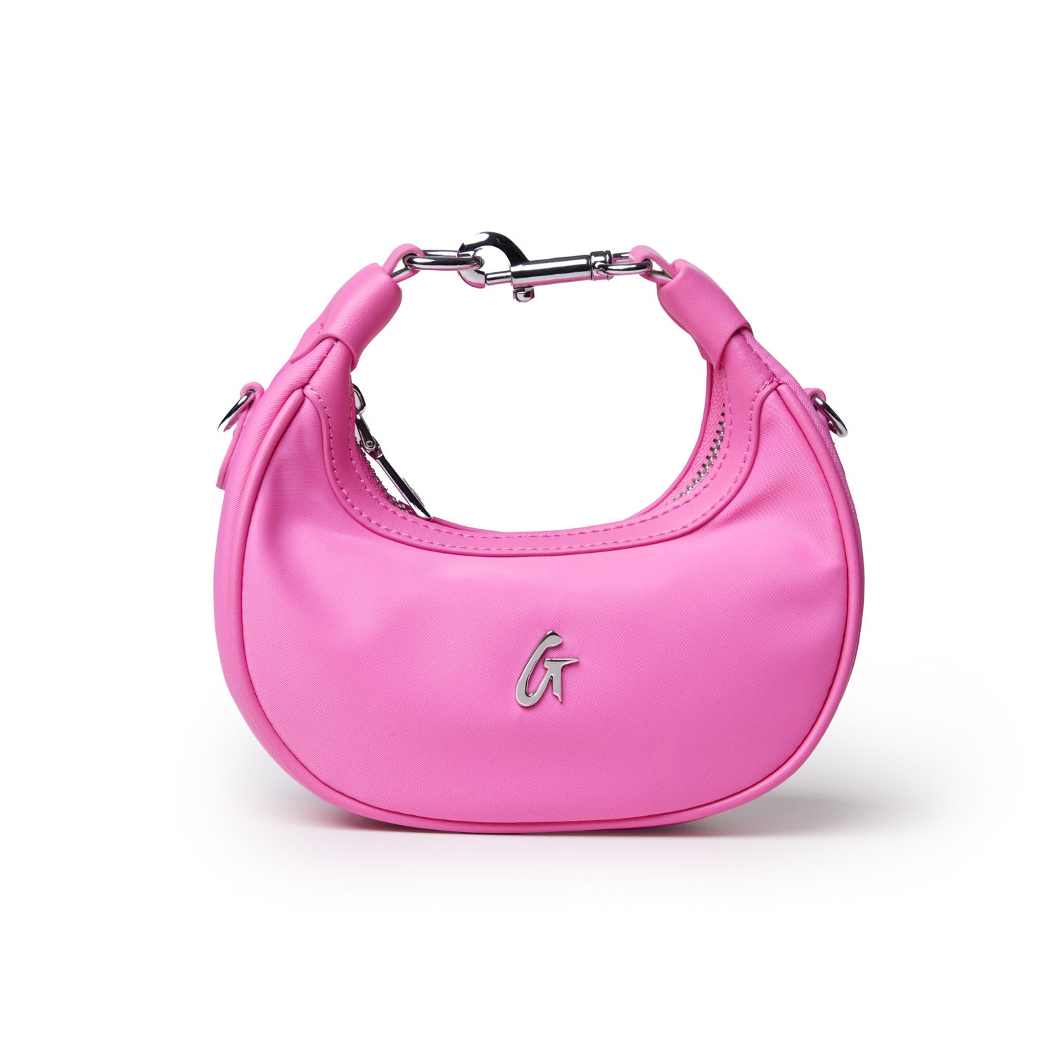 Hot pink nano nylon hobo bag featuring a sleek design and silver logo detail, perfect for stylish outings.