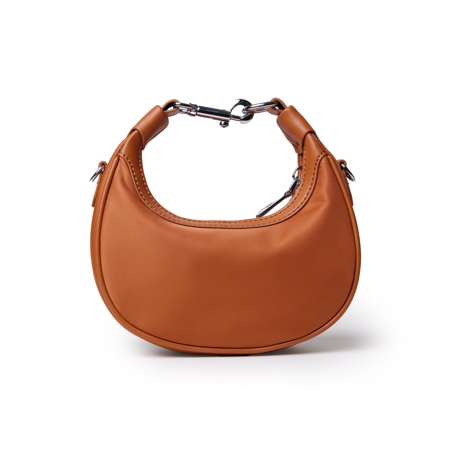 Brown nano nylon hobo bag featuring a curved silhouette and a top handle for stylish, everyday use.