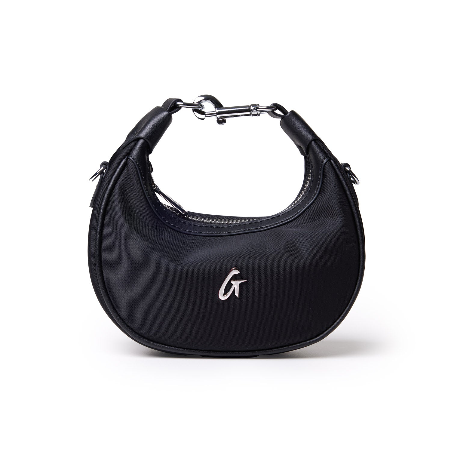 Black nano nylon hobo bag featuring a sleek design, silver hardware, and a curved silhouette for a modern look.