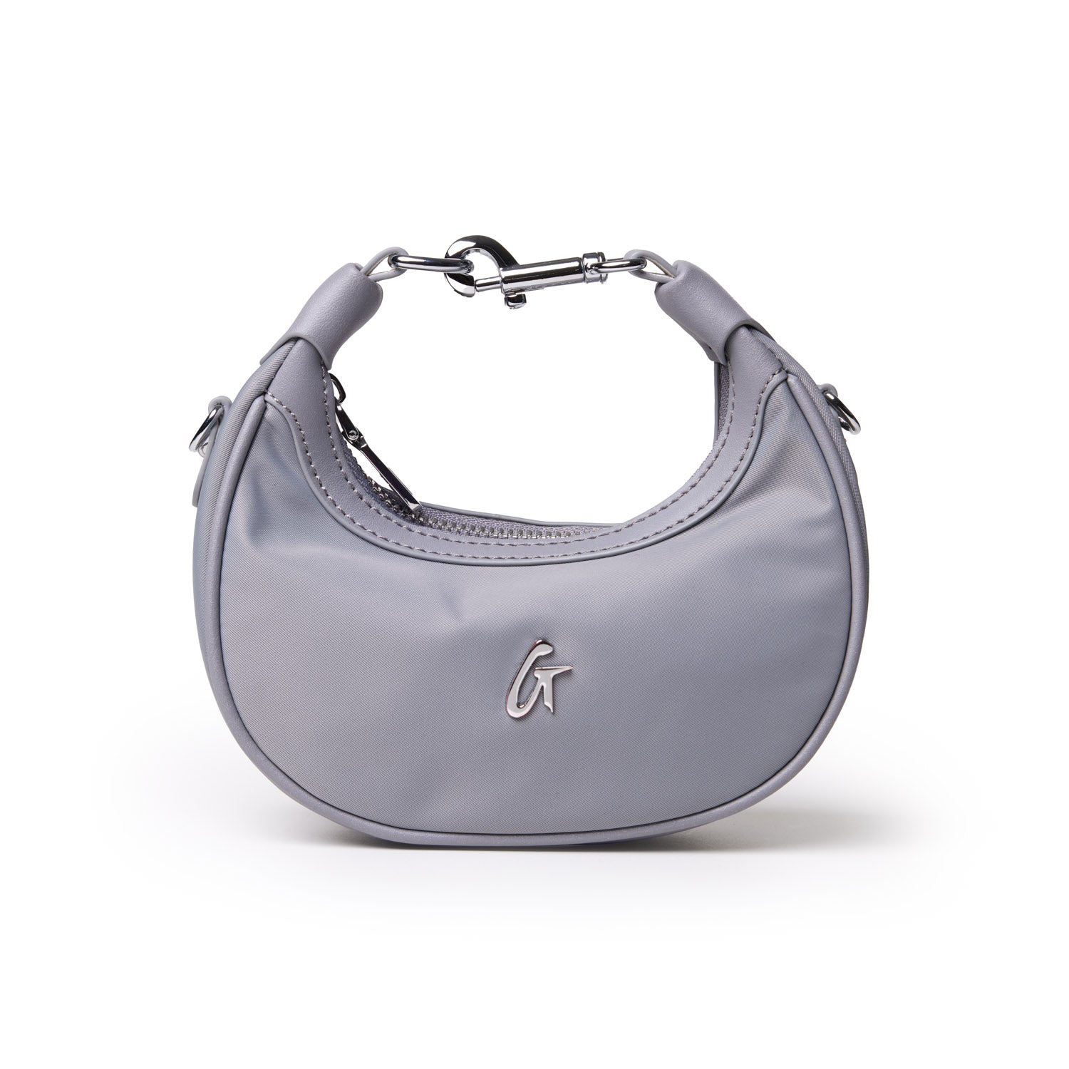 Gray nano nylon hobo bag featuring a sleek design and a stylish handle, ideal for casual or chic outfits.