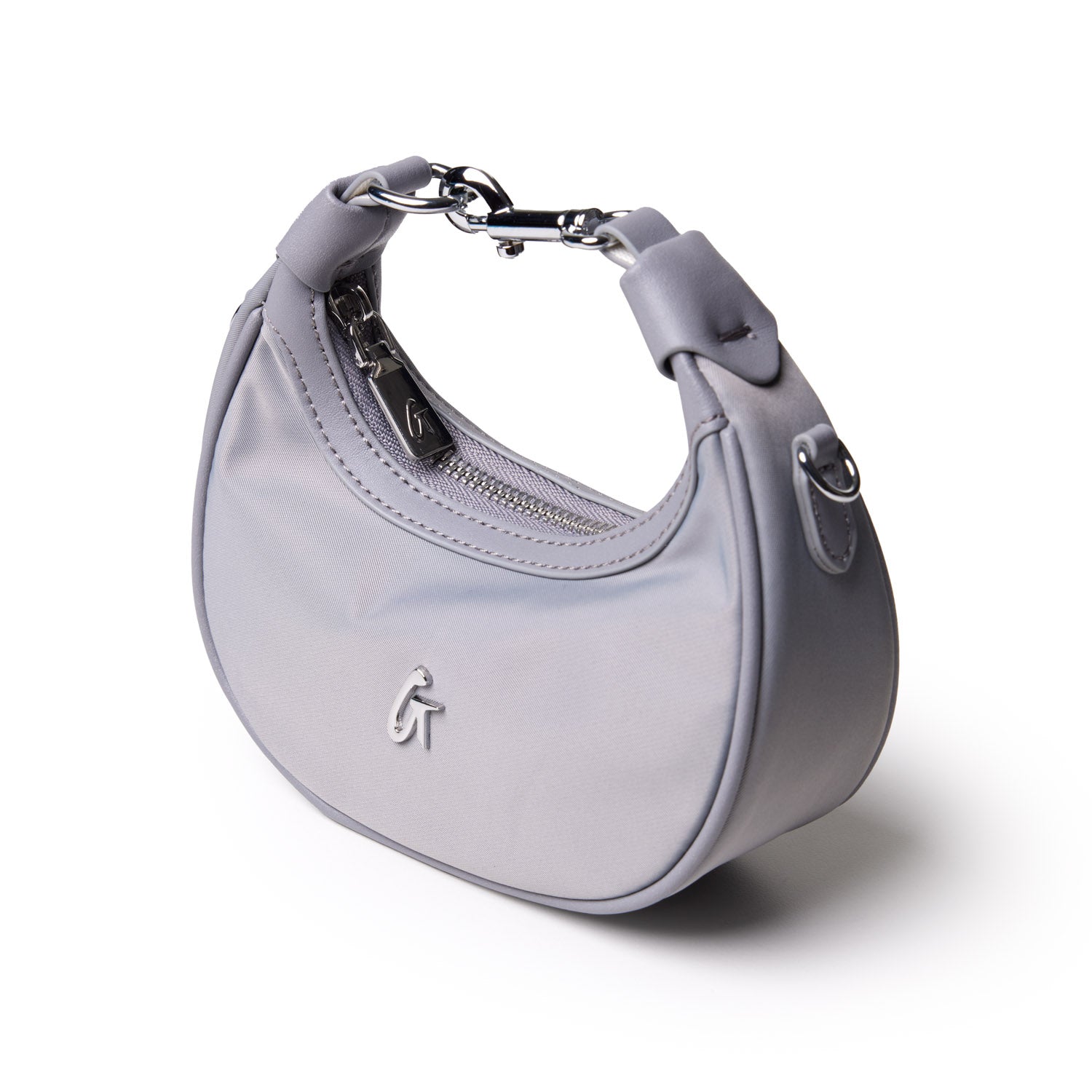 Gray nano nylon hobo bag featuring a sleek design, top handle, and zipper closure for stylish functionality.