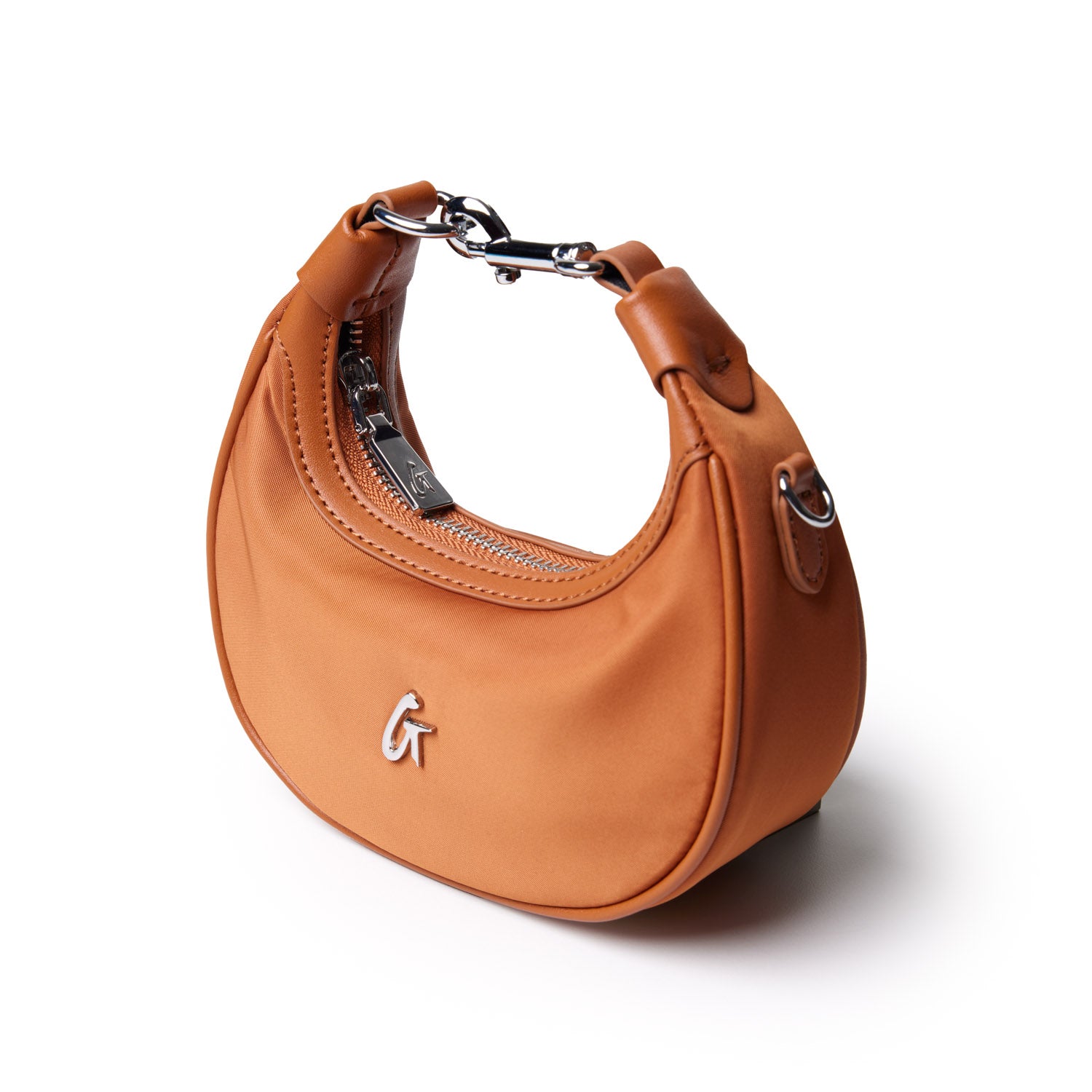 Brown nano nylon hobo bag featuring a sleek design, short handle, and subtle logo detail on the front.