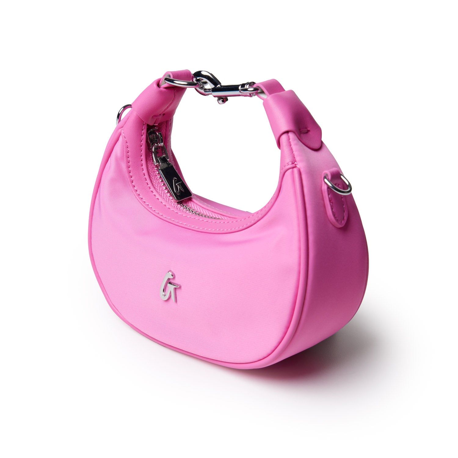 Hot pink nano nylon hobo bag with a sleek design and silver hardware, featuring a short handle and logo detail.