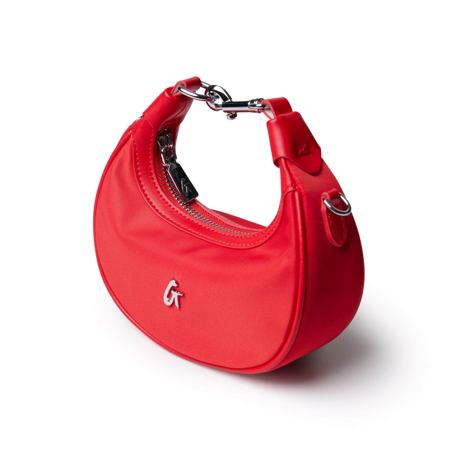 Red nano nylon hobo bag featuring a sleek design, top handle, and logo detail, perfect for stylish everyday use.