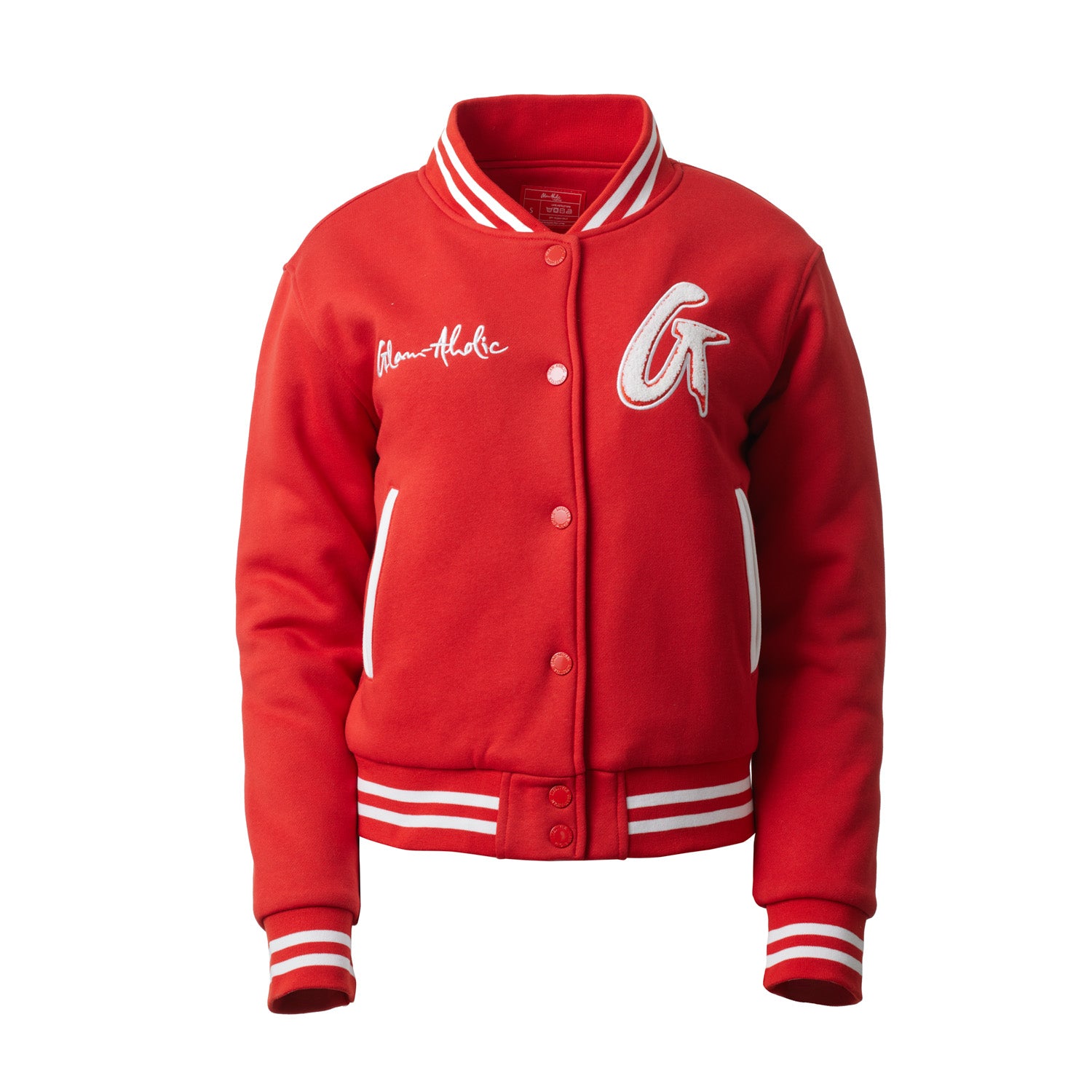 Red varsity jacket with white striped collar, cuffs, and hem, featuring embroidered patches and front pockets.