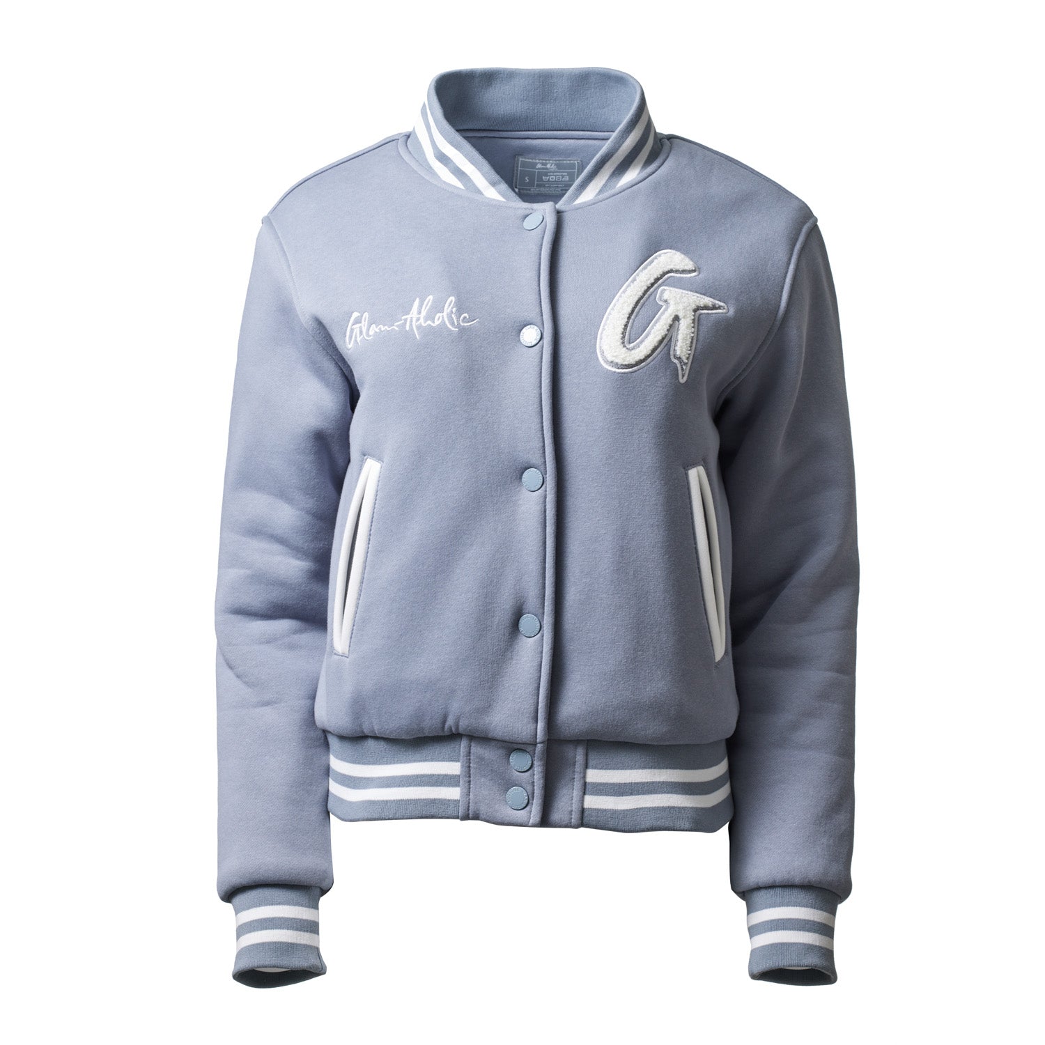 Gray varsity jacket with striped cuffs and collar, embroidered patches, and front slit pockets.