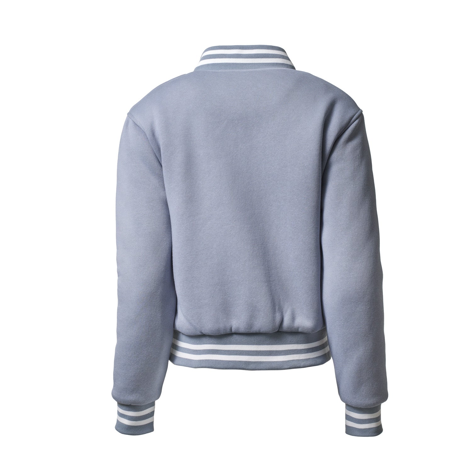 Gray varsity jacket with striped ribbed collar, cuffs, and hem, featuring a classic athletic style and soft fabric.