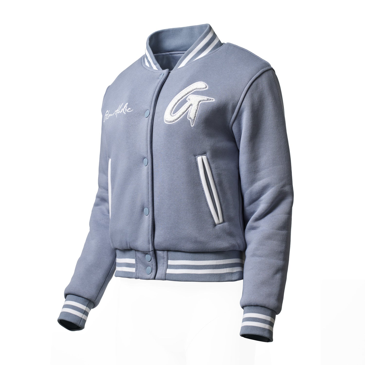 Gray varsity jacket with striped cuffs, collar, and waistband, featuring embroidered patches and side pockets.