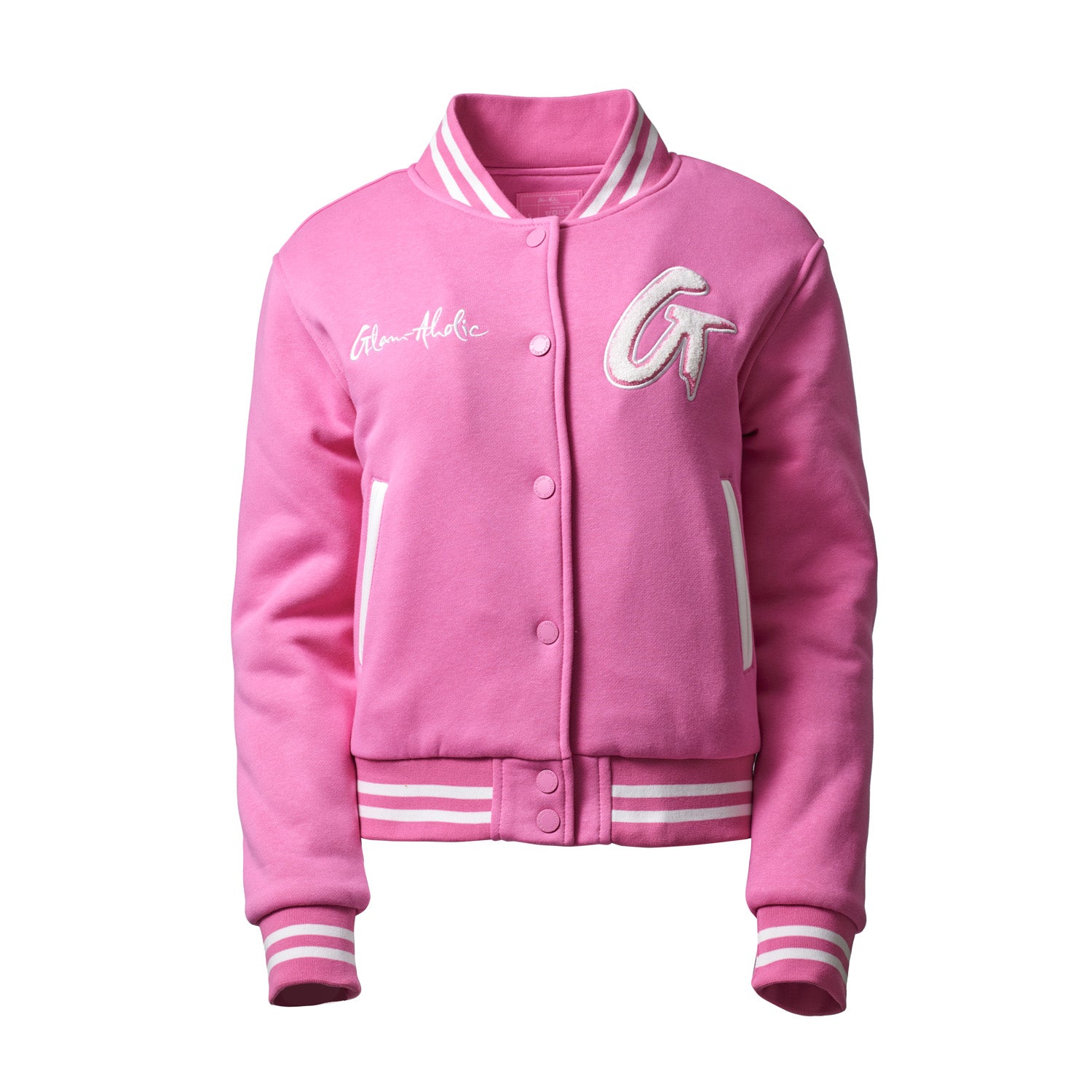 Pink varsity jacket with striped cuffs, embroidered patches, and "Glam-Aholic" text on the chest.