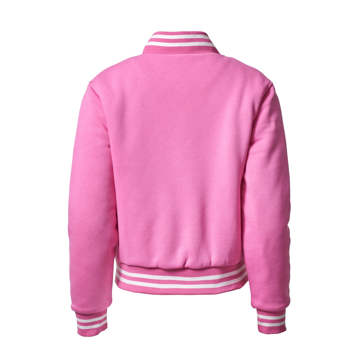 Back view of a hot pink varsity jacket with striped ribbed collar, cuffs, and hem, featuring a classic sporty design.