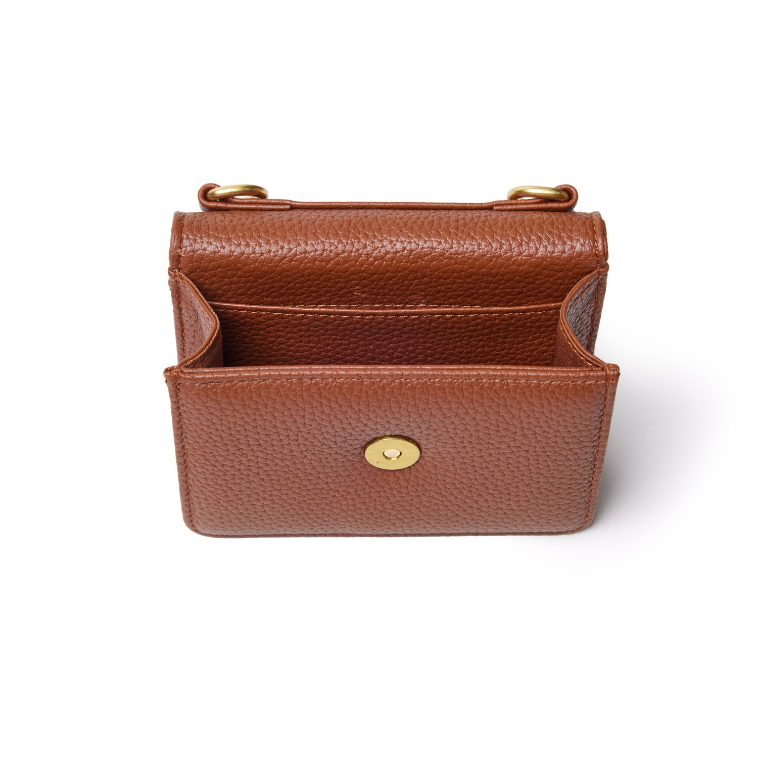 Mini pebble brown leather wallet with a snap closure and gold-tone hardware, open to show interior compartments.