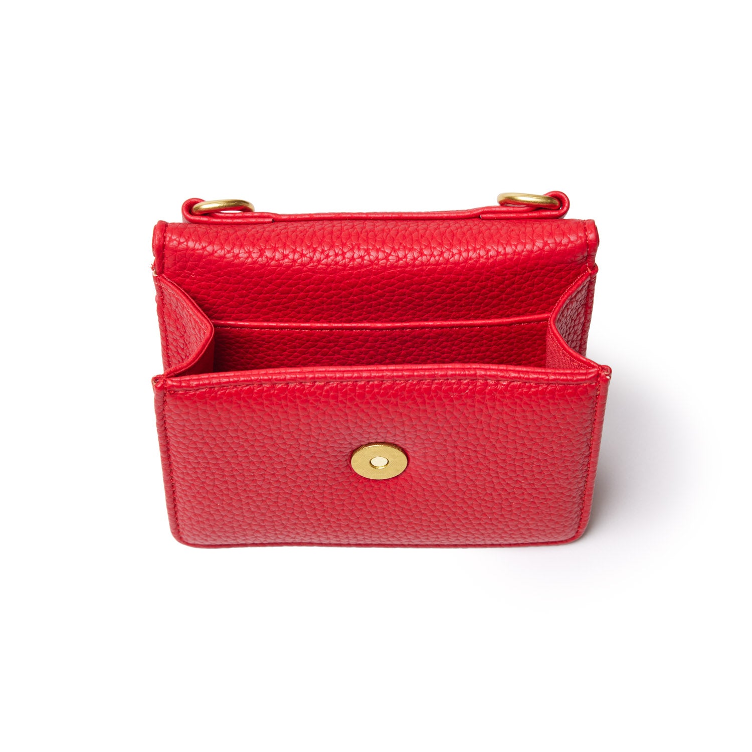Red mini pebble leather wallet with open compartments and gold hardware, designed for organization and style.