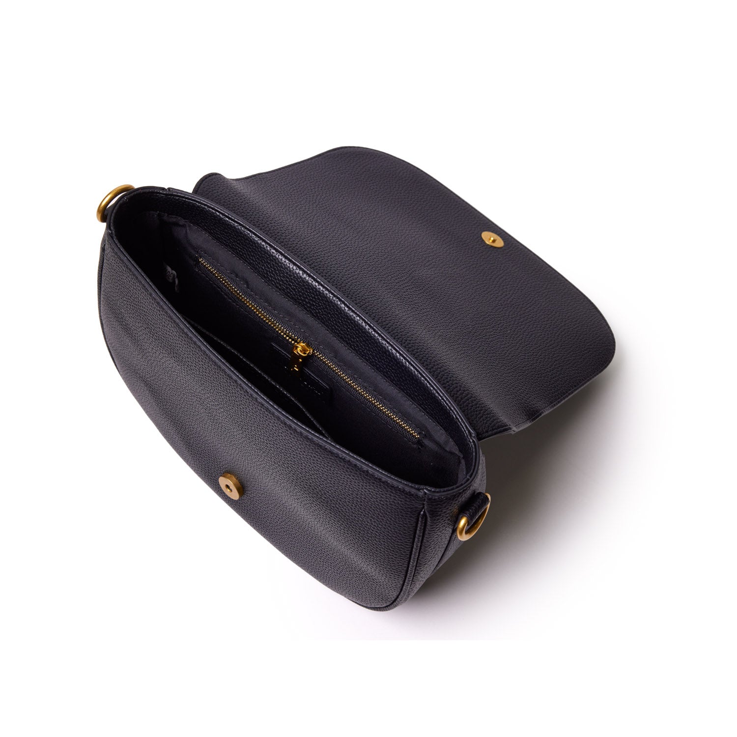Black medium pebble shoulder bag with gold hardware, open to show interior zip pocket and interior lining.