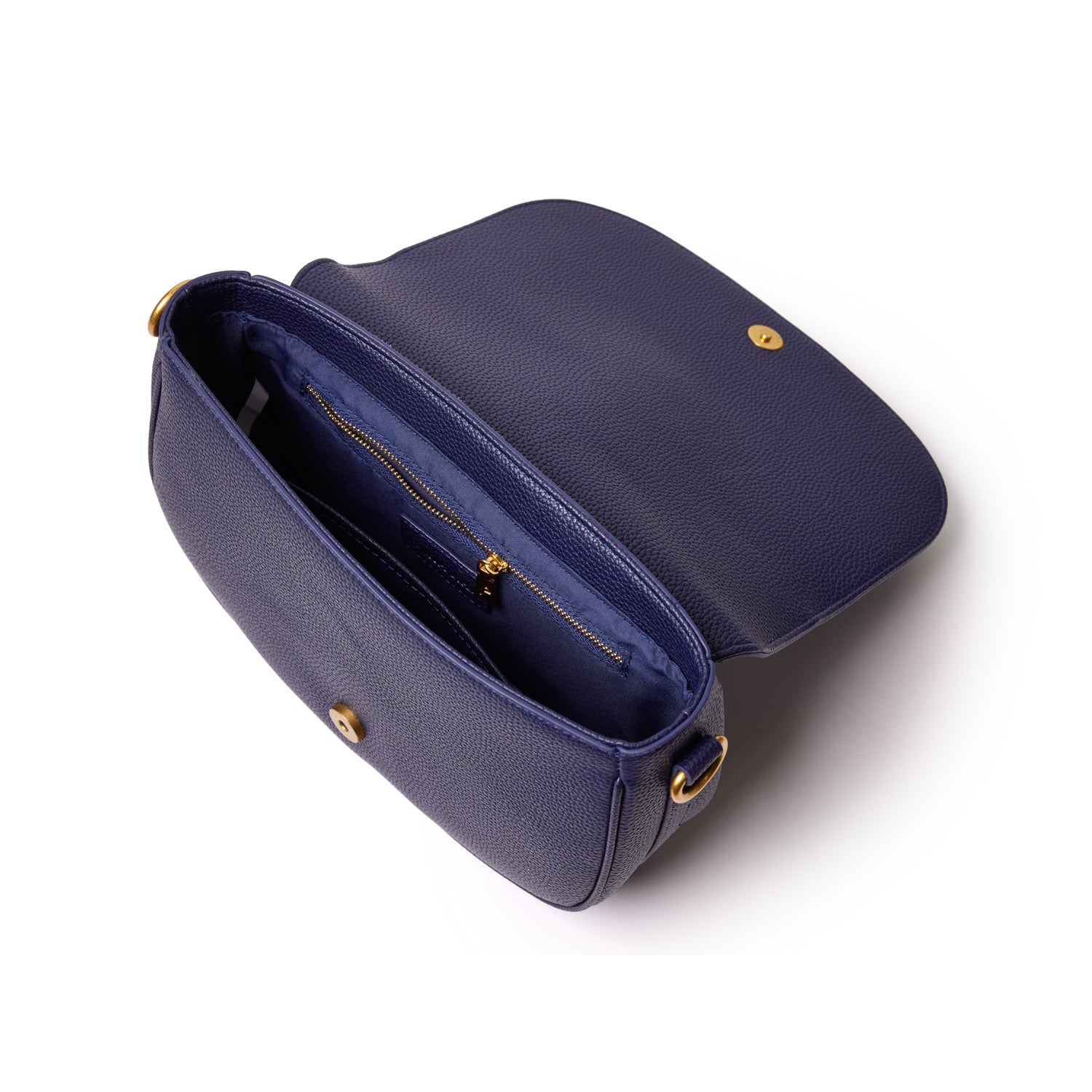 Medium navy pebble leather shoulder bag with gold hardware, interior zip pocket, and flap closure.