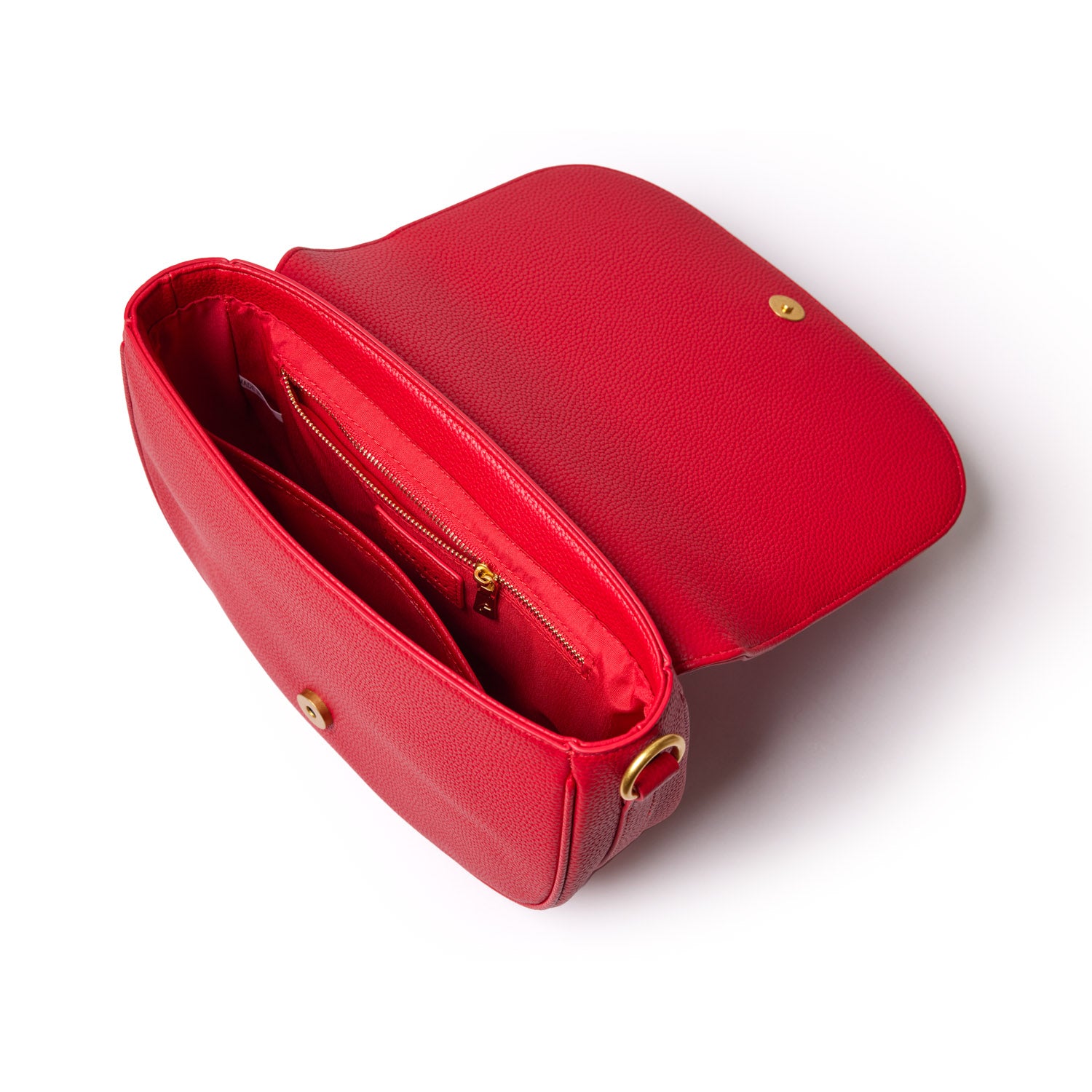 Red medium pebble shoulder bag with gold hardware, open to show interior compartments and zipper pocket.