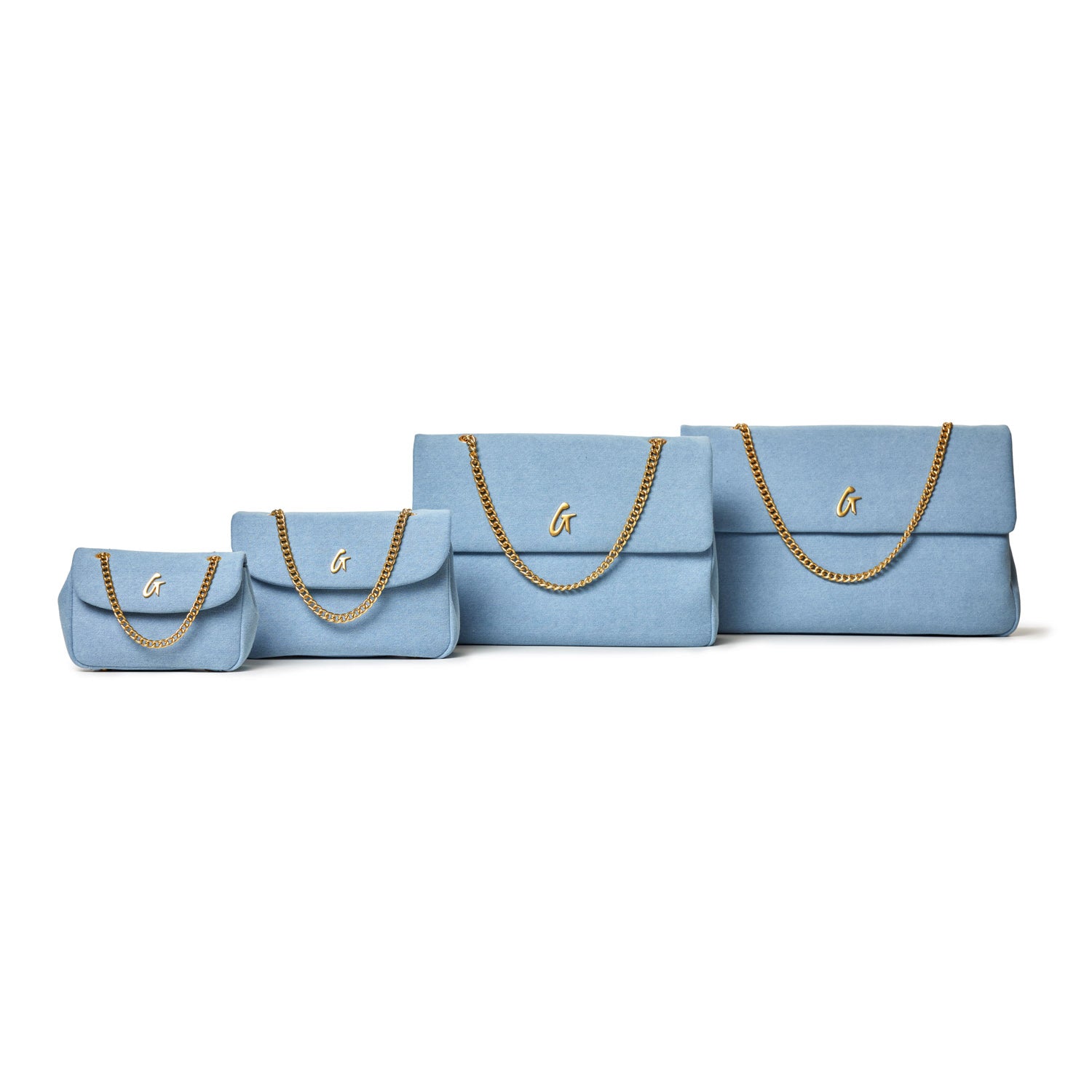 Four light blue denim flap bags with gold chains and a gold "G" logo, arranged from smallest to largest.