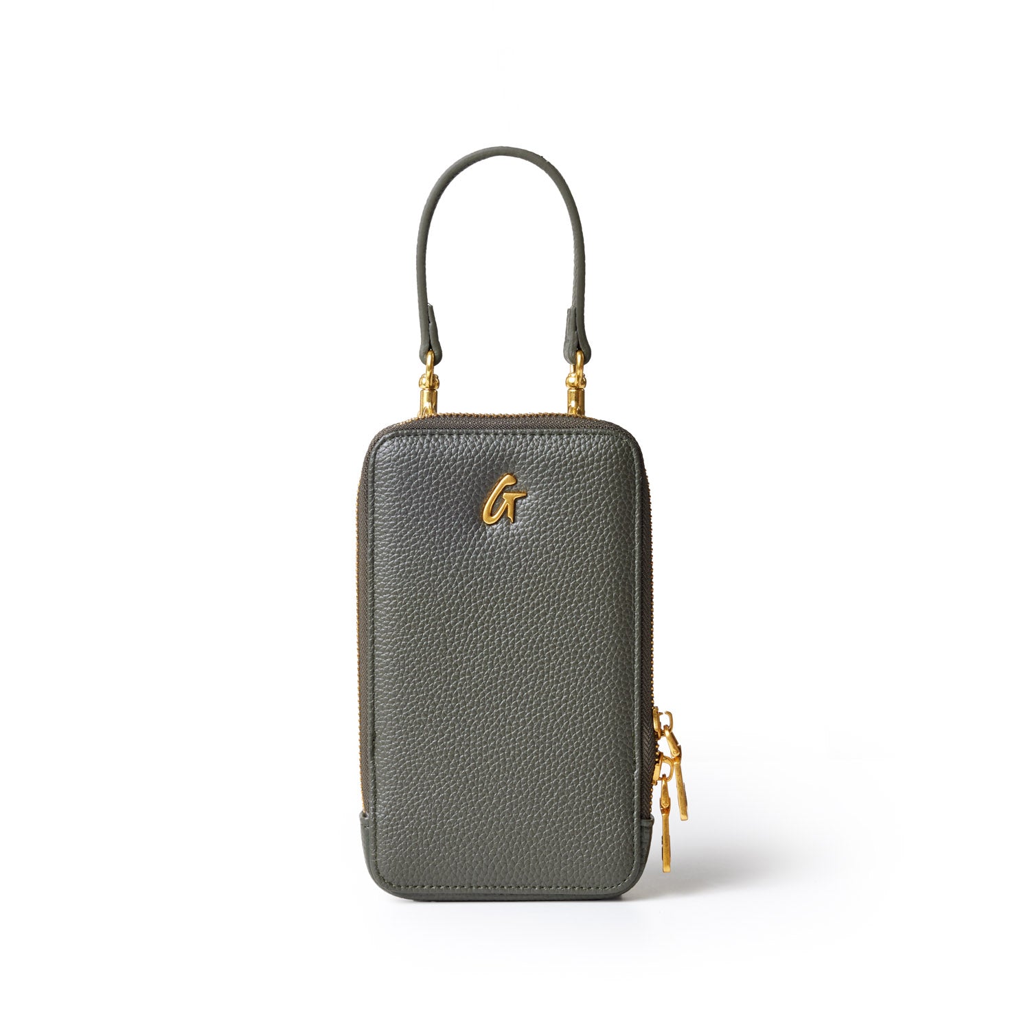 Olive green Pebble Phone Crossbody bag with gold accents, a textured leather surface, and a top handle.