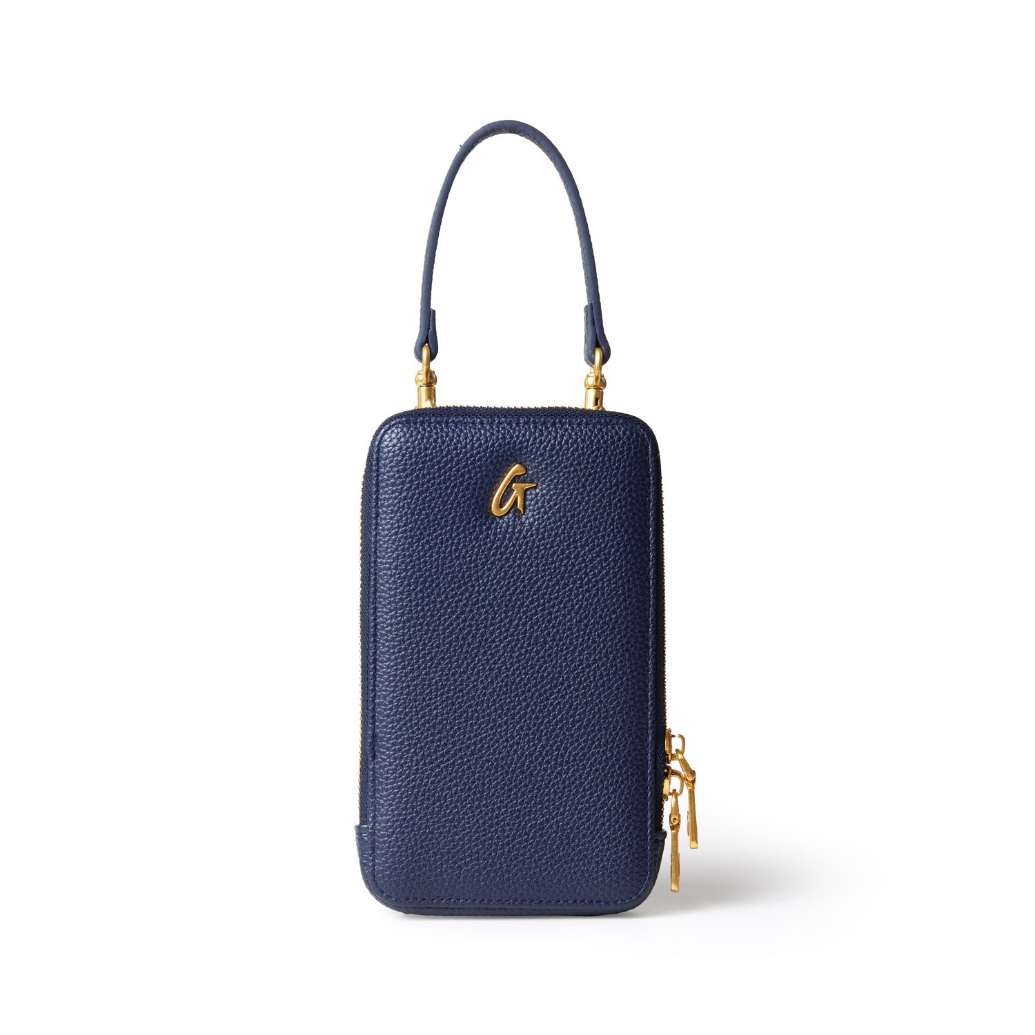 Navy Pebble Phone Crossbody bag with gold hardware and a top handle, featuring a textured leather finish and a zipper closure.